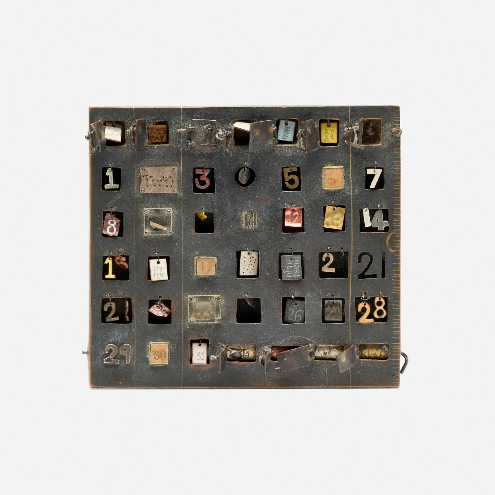 Contemporary, Calendar brooch: Contemporary Calendar brooch copper, enamel, acrylic 3 h x 3.375 w x 0.375 d in (8 x 9 x 1 cm) Inscribed with months of the year, days of the week, and dates 1 - 31. Provenance: