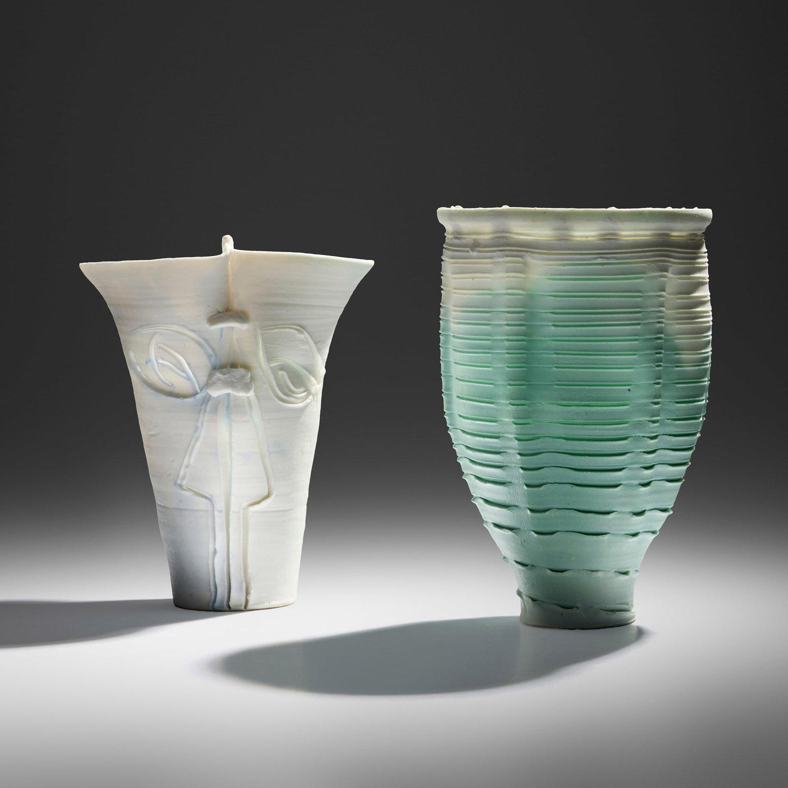 Rudolf Staffel, Light Gatherers, set of two: Rudolf Staffel Light Gatherers, set of two c. 1990glazed porcelain, porcelain 9.625 h x 6.625 w x 6.375 d in (24 x 17 x 16 cm) 9 h x 7.25 w x 6.75 d in (23 x 18 x 17 cm) Incised signature t