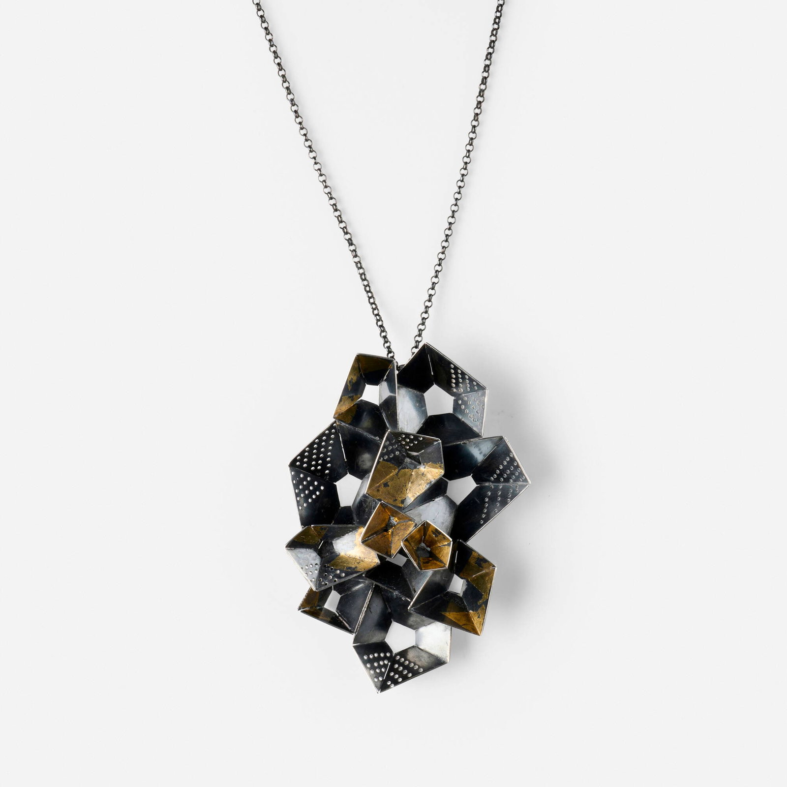 Sophia Hu, Pendant necklace: Sophia Hu Pendant necklace 2016 oxidized sterling silver, high karat yellow gold pendant: 3.125 h x 2.125 w x 0.75 d in (8 x 5 x 2 cm) chain: 19.5 w in (50 cm) Incised signature, date and purity