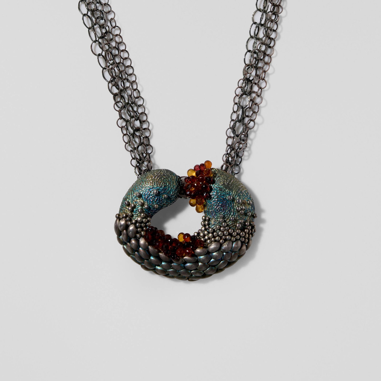 So Young Park, Ocean pendant necklace: So Young Park Ocean pendant necklace c. 2012silver, citrine, enamel chain: 0.5 w x 17 l in (1 x 43 cm) pendant: 2 h x 2.5 w x 0.5 d in (5 x 6 x 1 cm) Incised signature to reverse of pendant