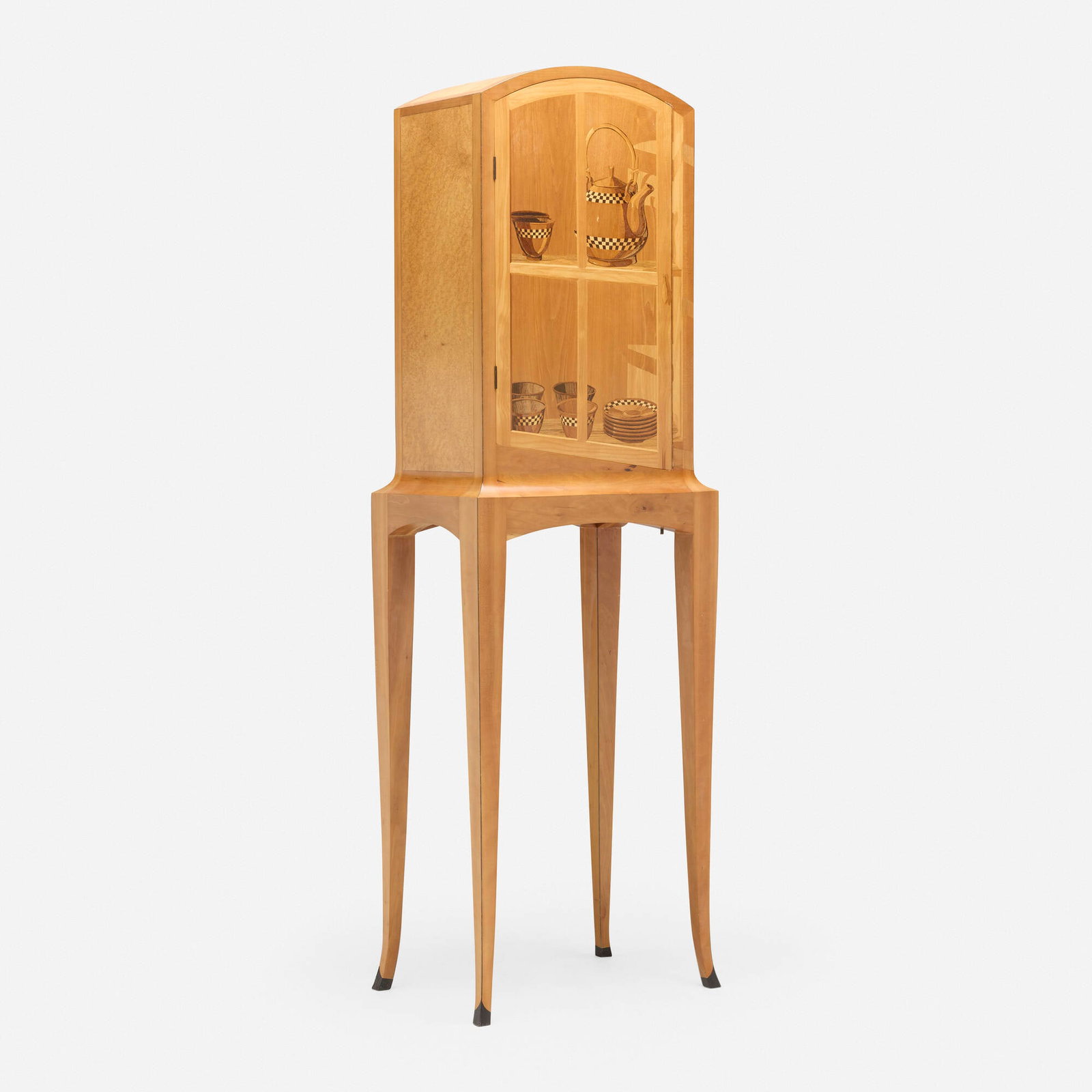 Silas Kopf, Tea cabinet: Silas Kopf Tea cabinet USA, 1990maple burl, cherry, maple, ebony, marquetry 64.5 h x 20.5 w x 14 d in (164 x 52 x 36 cm) Cabinet features a discrete push-button latch to the underside that ope