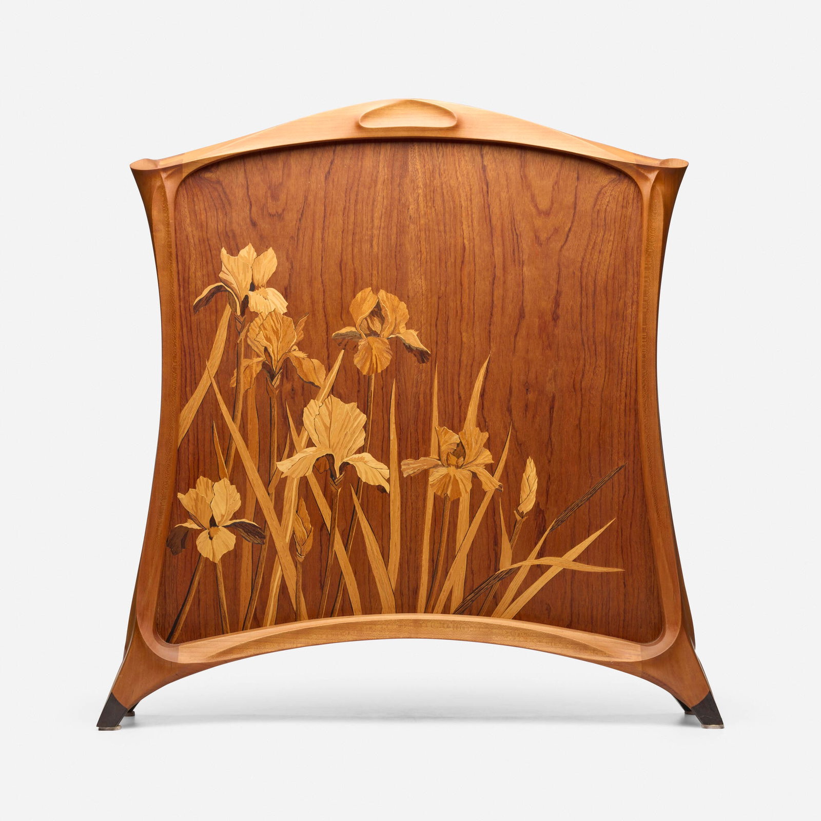 Silas Kopf, Marquetry fire screen with irises: Silas Kopf Marquetry fire screen with irises USA, 1988cherry, fruitwoods, ebony 28.5 h x 27.75 w x 7 d in (72 x 70 x 18 cm) Incised signature and date to lower edge 'Silas Kopf Tim Faner 1988'