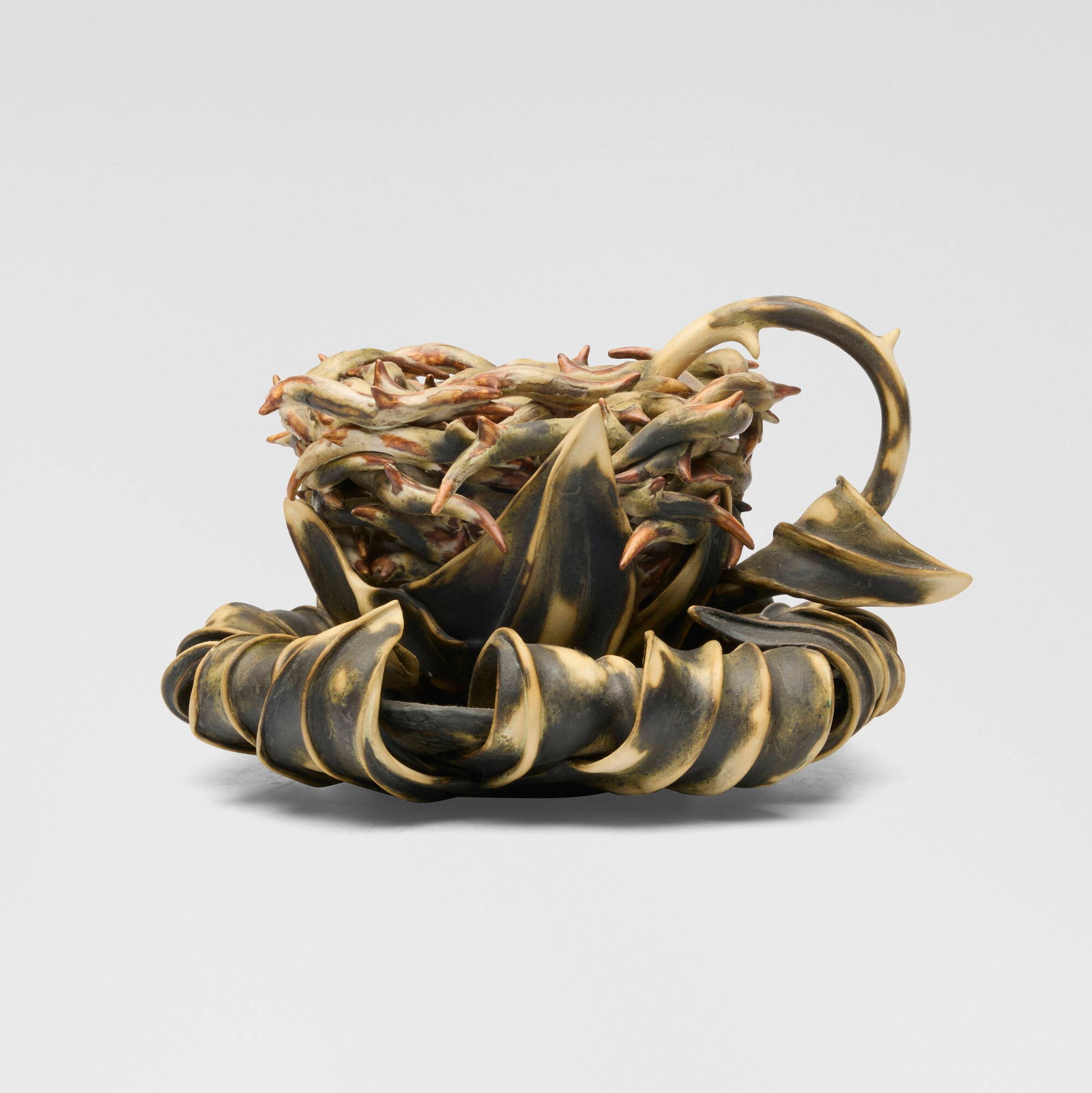 Kathleen Royster Lamb, Thorns cup and saucer: Kathleen Royster Lamb Thorns cup and saucer c. 1995glazed porcelain 5.125 h x 8.625 w x 8.25 d in (13 x 22 x 21 cm) Provenance: Collection of Marge Brown Kalodner and Philip K