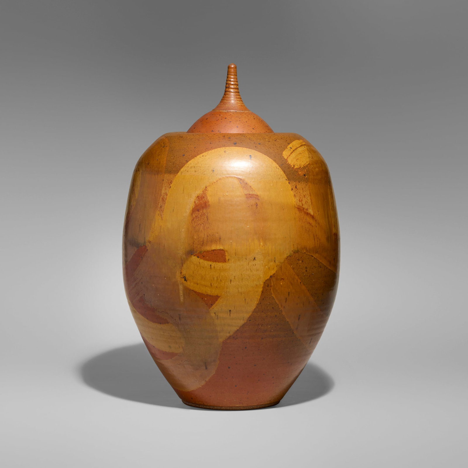 Val Cushing, Large lidded vessel: Val Cushing Large lidded vessel c. 1990glazed stoneware 22.125 h x 13.5 dia in (56 x 34 cm) Incised signature to underside of vessel 'Val Cushing'. Sold with an additional lid.