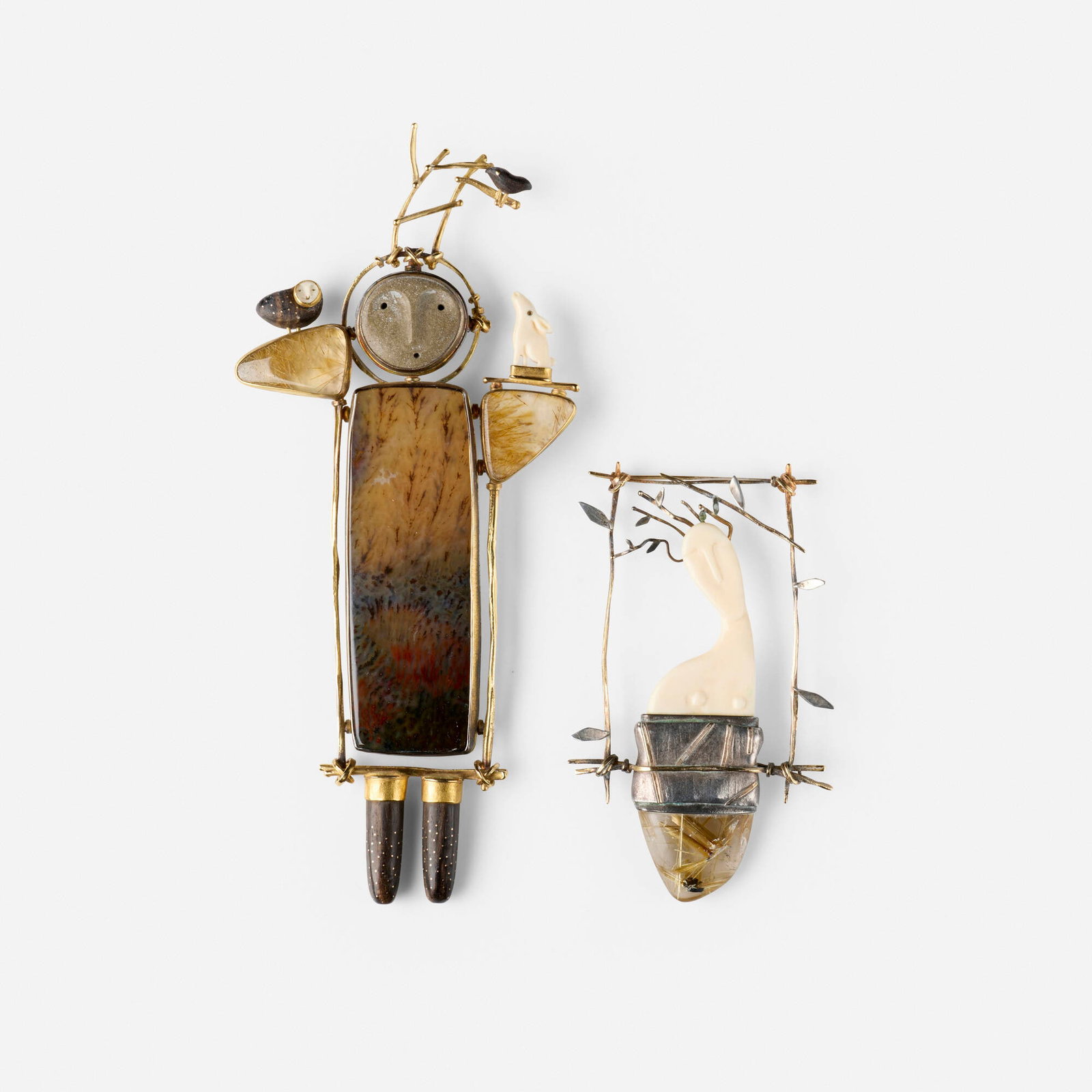 Carolyn Morris Bach, Woodland Shaman brooch; Woodland Goddess brooch (two works): Carolyn Morris Bach Woodland Shaman brooch; Woodland Goddess brooch (two works) 1990, 200122k yellow gold, 18k yellow gold, sterling silver, beach stone, ebony, sagenite, cow bone, fine silver, rutila