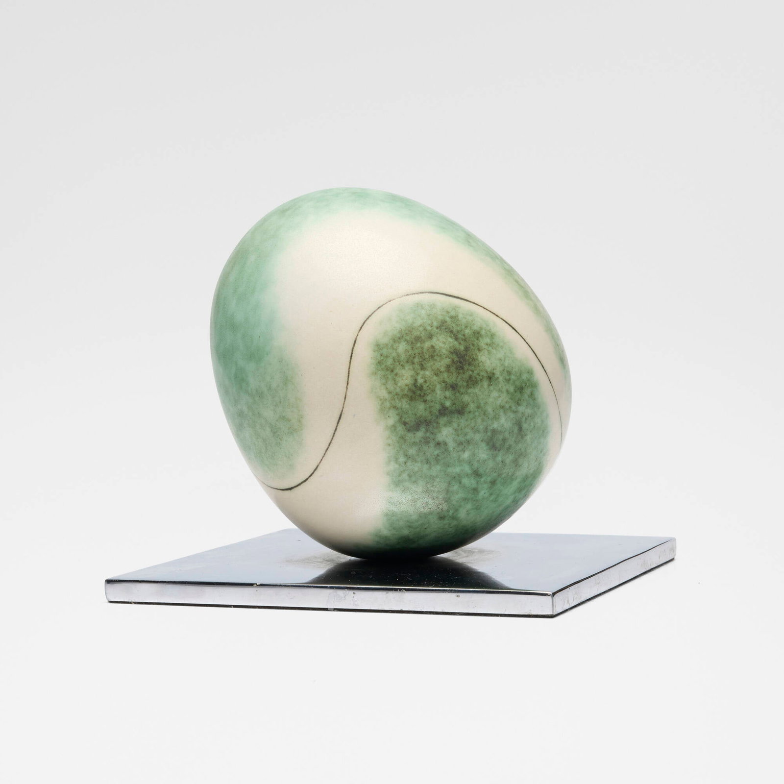 Harrison McIntosh, Egg Form: Harrison McIntosh Egg Form 1977glazed stoneware, chrome-plated steel 7 h x 8 w x 8 d in (18 x 20 x 20 cm) Impressed chop mark to body 'HM'. Artist's labels to underside of base 'Handthrown sto