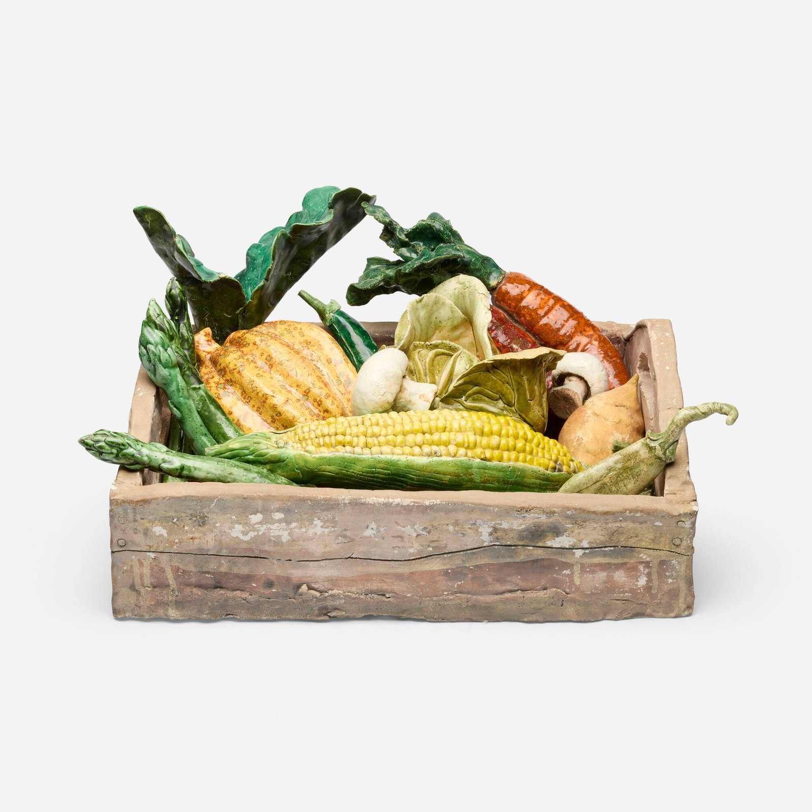 Peter Vandenberge, Vegetable Box: Peter Vandenberge Vegetable Box 1972 glazed stoneware, glazed earthenware, soil, straw 12 h x 24 w x 20 d in (30 x 61 x 51 cm) Work is composed of seventeen various vegetables and one box. Signed