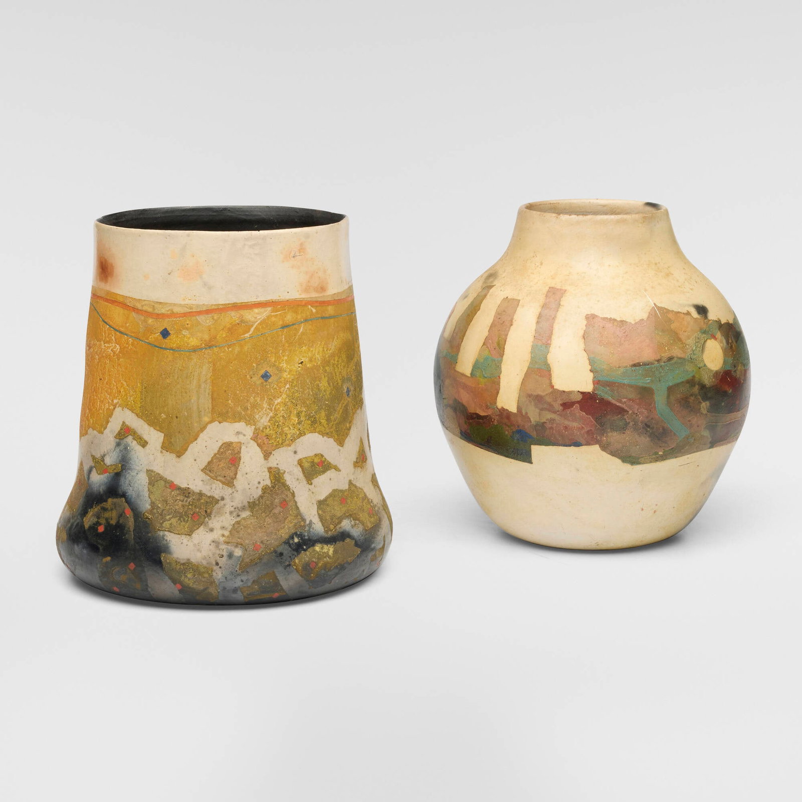 Bennett Bean, Vases, set of two: Bennett Bean Vases, set of two c. 1980pit-fired and painted earthenware 8.125 h x 7.75 dia in (21 x 20 cm) 8 h x 7.75 dia in (20 x 20 cm) Impressed bean mark to underside of each example. <