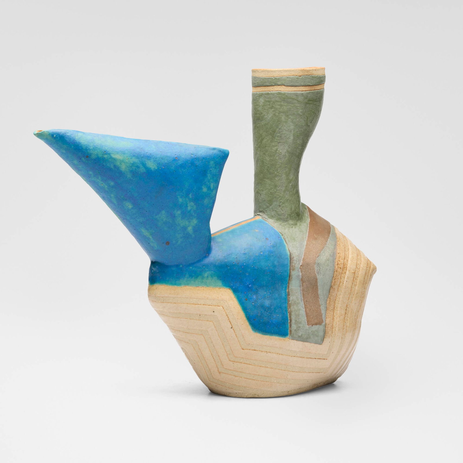 John Gill, Pitcher: John Gill Pitcher 1990 hand-built and glazed stoneware 14 h x 16 w x 5.25 d in (36 x 41 x 13 cm) Slip signature and date to underside 'Gill 90'. This work will ship from Lambertville, New Jersey.