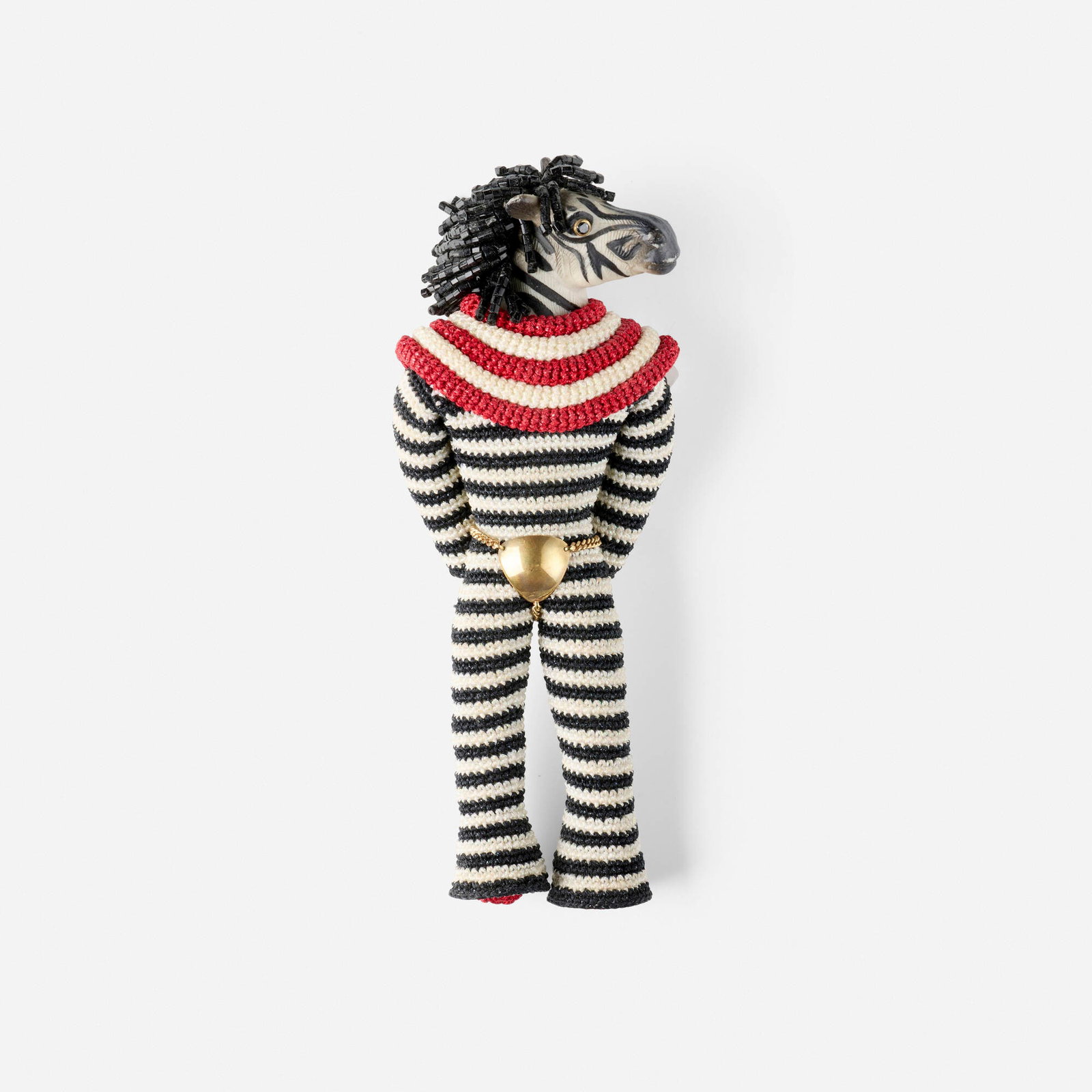 Felieke van der Leest, Super Freak Zebra brooch: Felieke van der Leest Super Freak Zebra brooch 2007 crocheted textile, plastic animal toy, gold, glass beads, metalwork, beadwork 6 h x 2.375 w x 1.5 d in (15 x 6 x 4 cm) Embroidered artist's