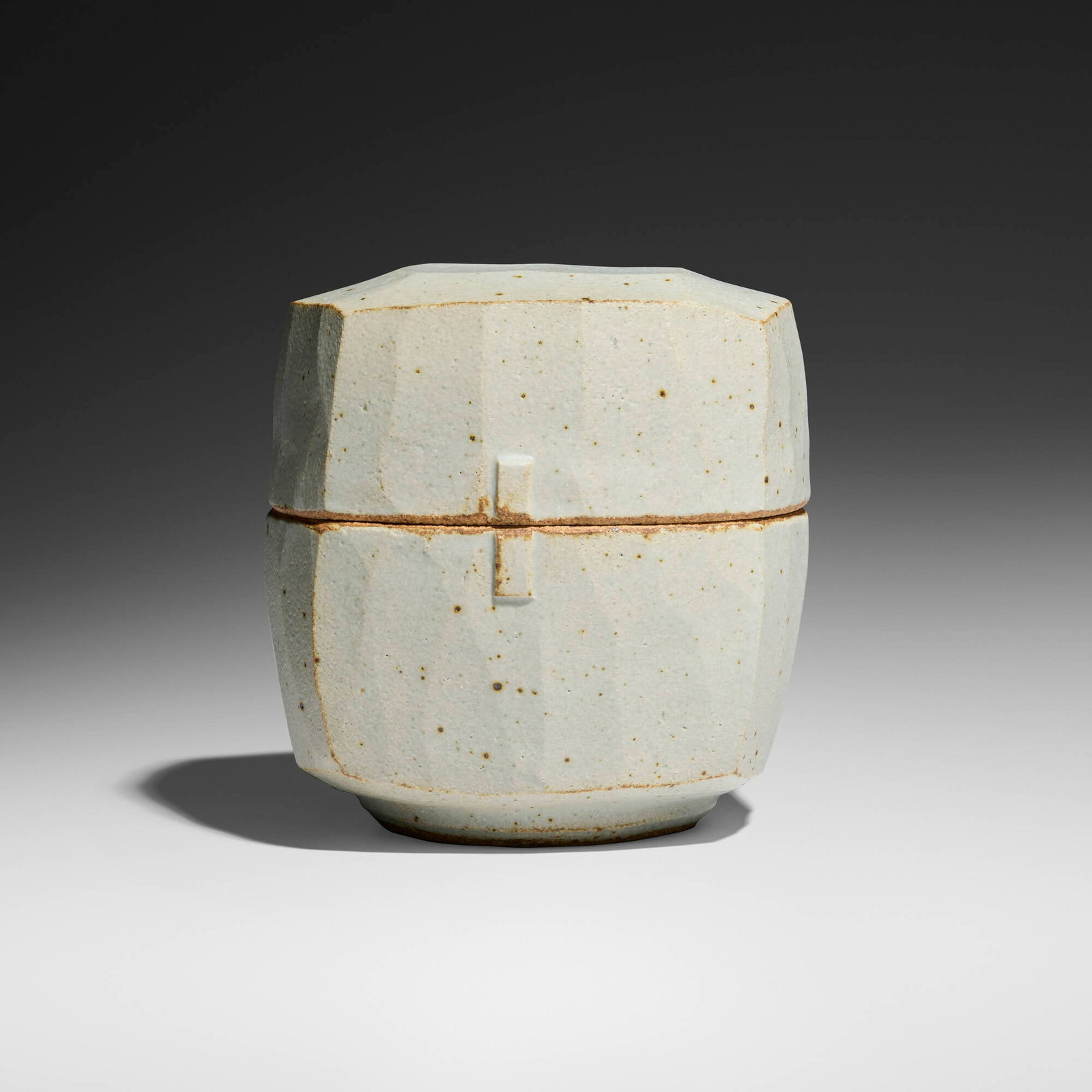 Warren Mackenzie, Gray Button Box: Warren Mackenzie Gray Button Box c. 2000glazed stoneware 5.75 h x 5.75 w x 5.875 d in (15 x 15 x 15 cm) Sold with a copy of the exhibition pamphlet for Warren Mackenzie: Boxes and Jars
