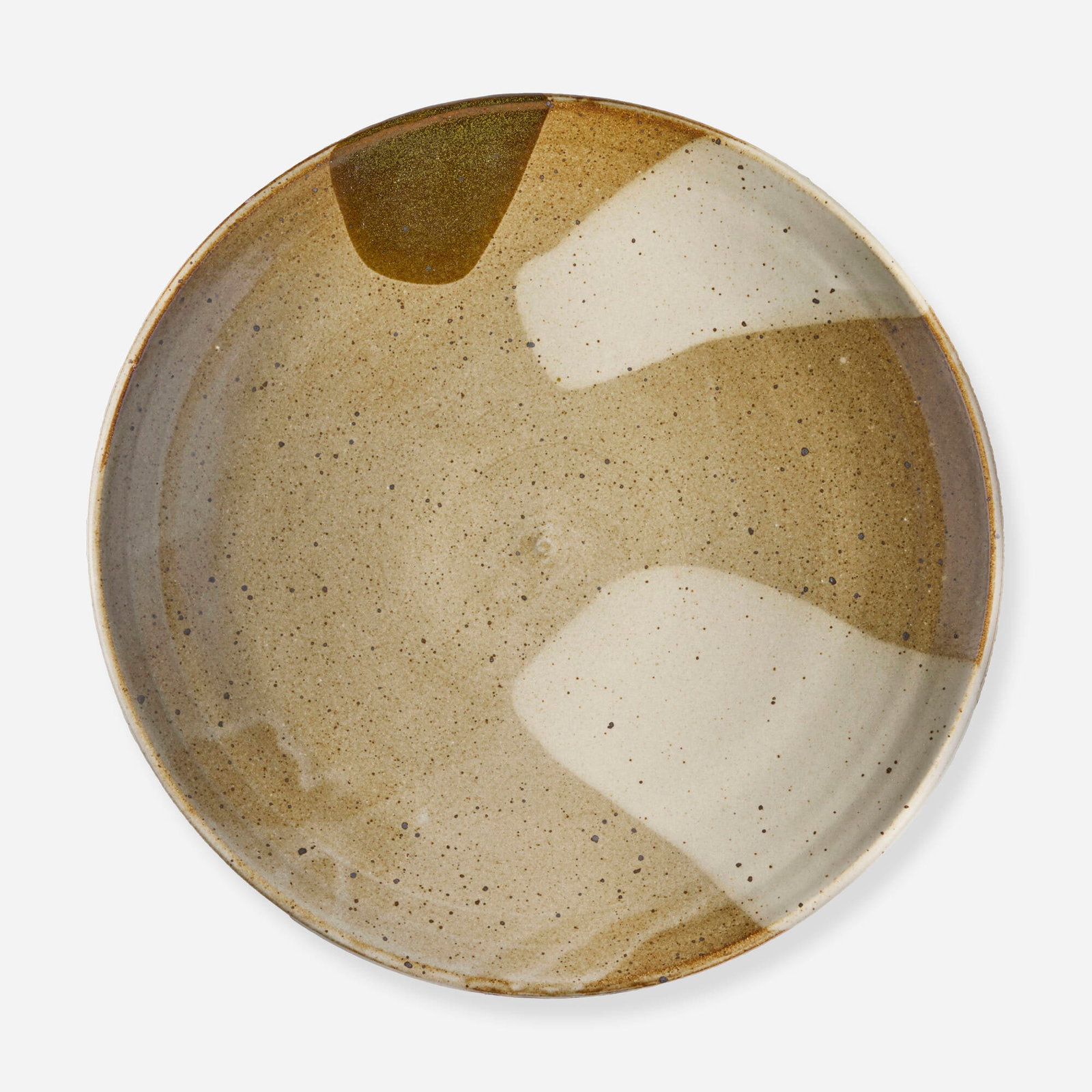 Warren Mackenzie, Charger: Warren Mackenzie Charger c. 2010stoneware with oatmeal, white and kaki glazes 3.25 h x 16.5 dia in (8 x 42 cm) Impressed artist's chop mark to underside. Provenance: Sc
