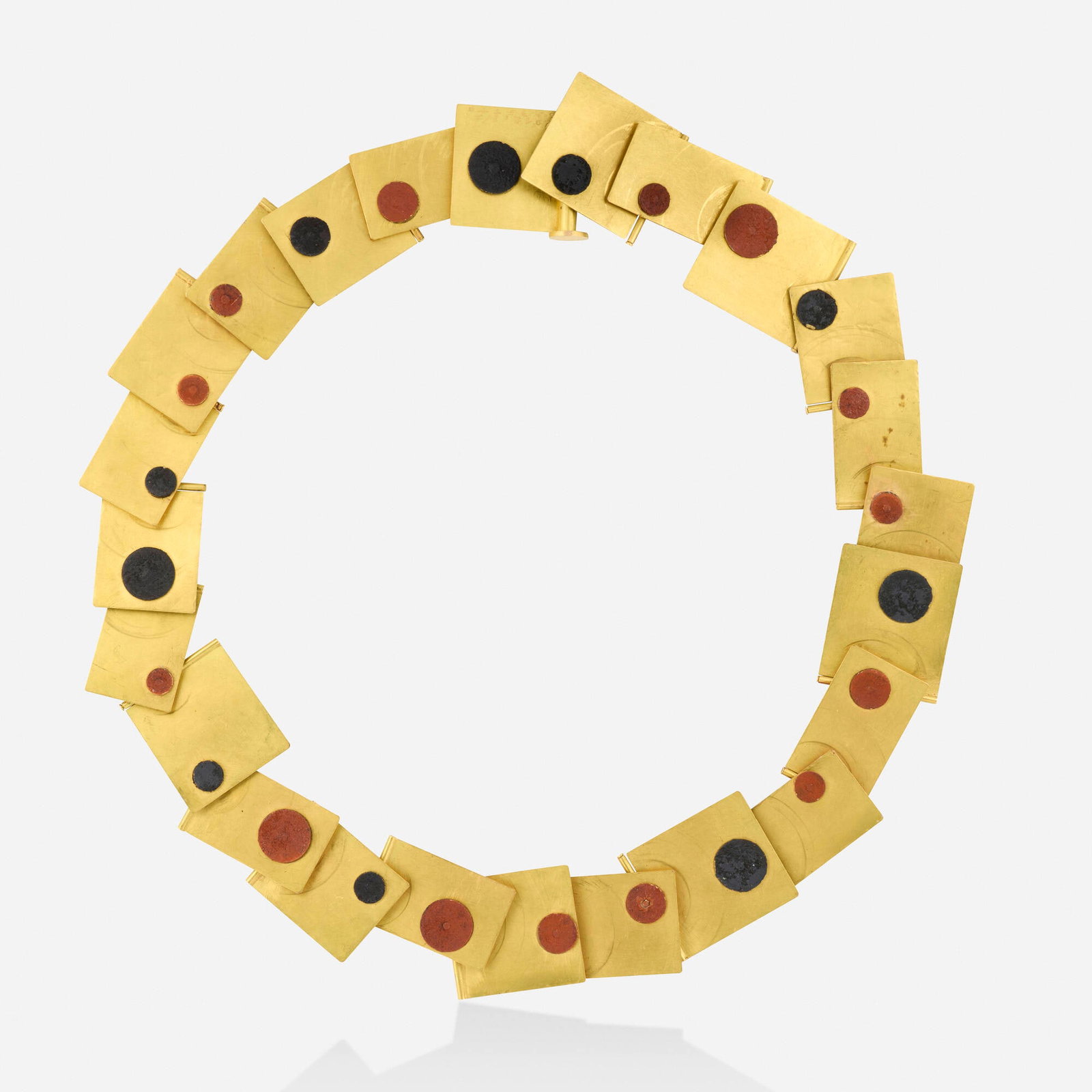 Giampaolo Babetto, Gold and pigment necklace: Giampaolo Babetto Gold and pigment necklace Of geometric design; this work is number 1 from the edition of 7 18k yellow gold, red and black pigment Signed Babetto 21.50 in; Gross weight 86.6 dwts<