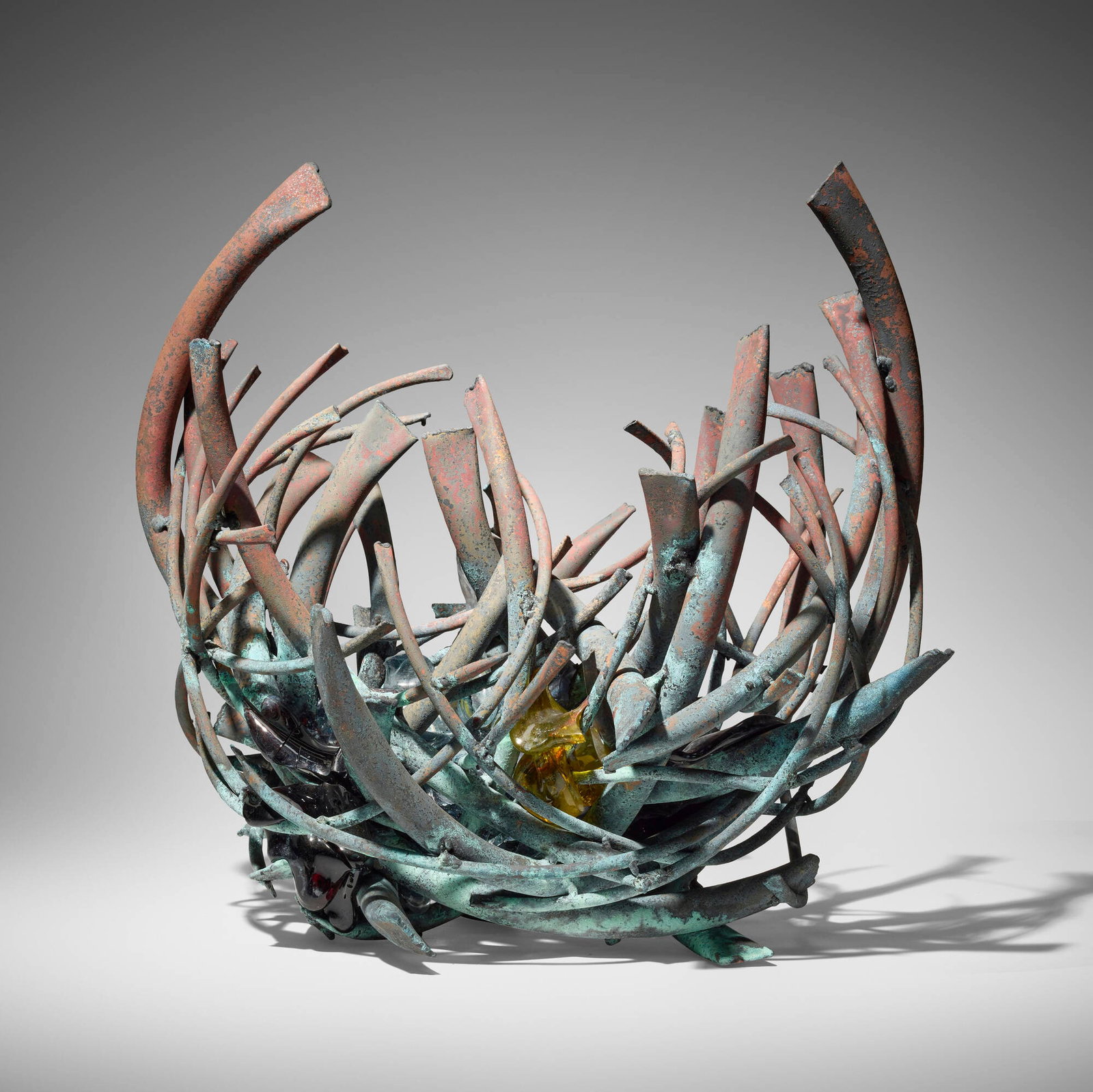 Claire Falkenstein, Untitled (Fusion): Claire Falkenstein Untitled (Fusion) c. 1975 brazed copper and fused glass 21.75 h x 24.5 w x 18.5 d in (55 x 62 x 47 cm) Provenance: Acquired directly from the artist | Privat