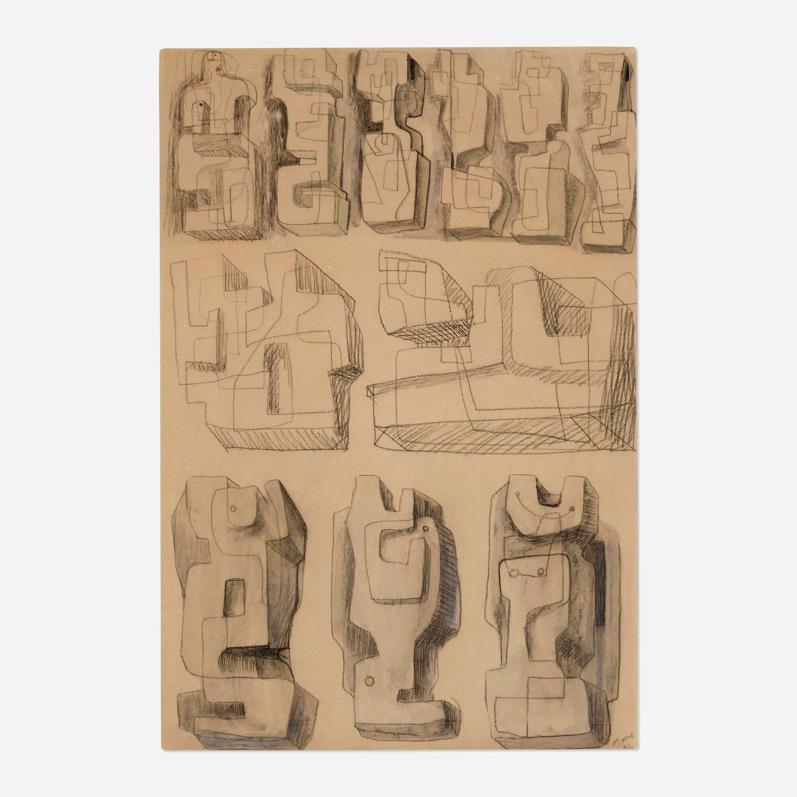 Henry Moore, Square Forms: Henry Moore Square Forms 1936 graphite, crayon and wash on tissue 21.75 h x 15 w in (55 x 38 cm) Signed later and misdated by the artist to lower right 'Moore 34'. Studio inventory number to v