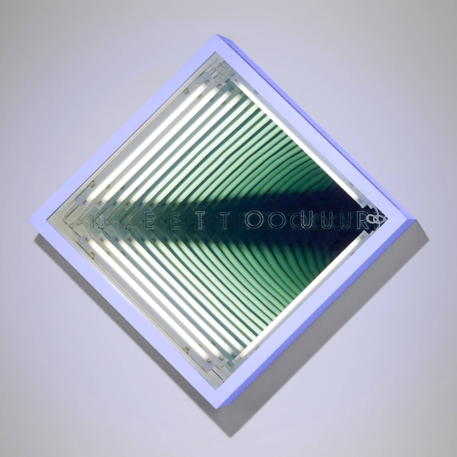 Ivan Navarro, Detour: Ivan Navarro Detour 2009 fluorescent lights, wood, Plexiglas, mirror, one-way mirror 42.5 h x 42.5 w x 7.25 d in (108 x 108 x 18 cm) This work is number 3 from the edition of 3.