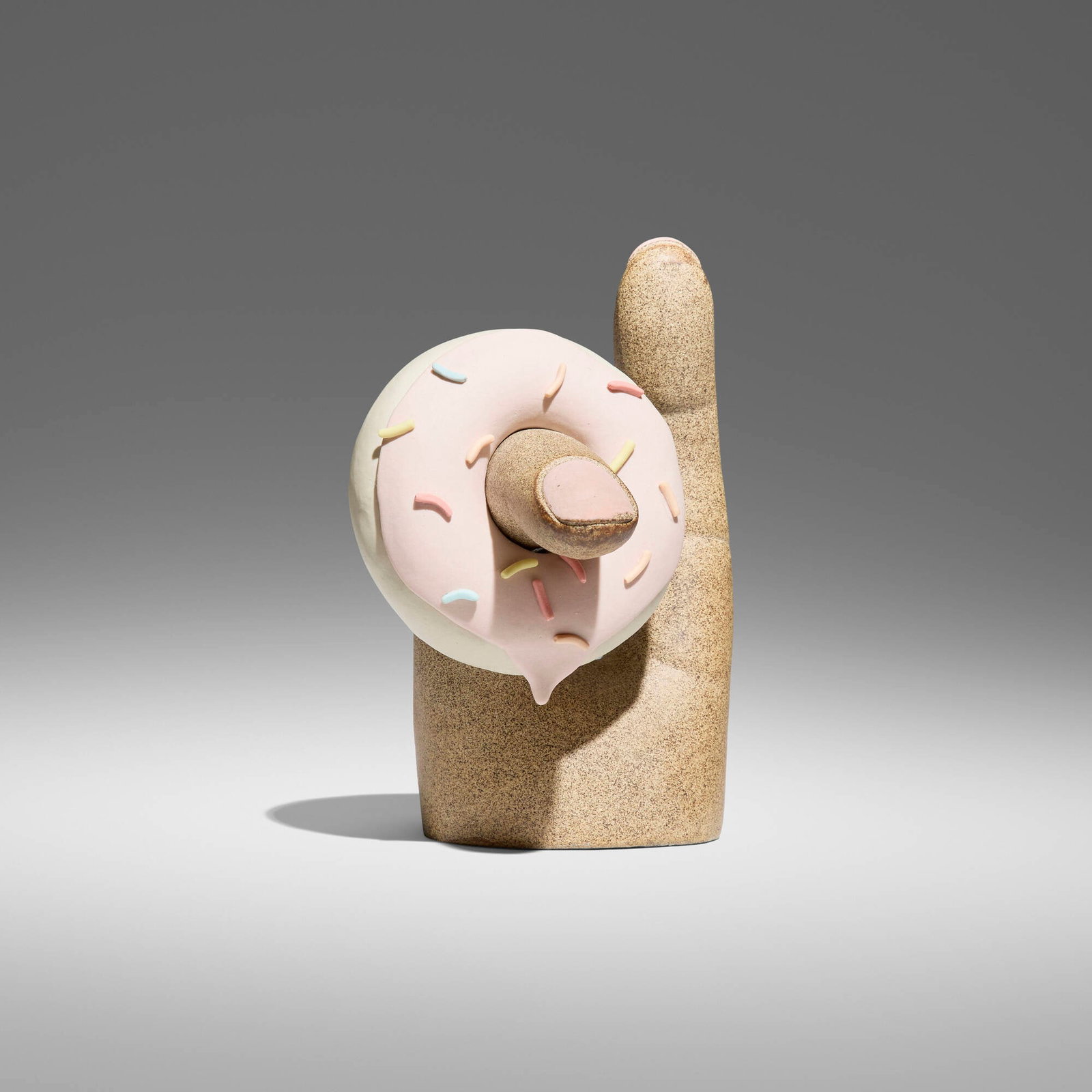 Genesis Belanger, Untitled (Chipped Nail, Donut): Genesis Belanger Untitled (Chipped Nail, Donut) 2017 glazed stoneware with engobe decoration 7 h x 5 w x 6 d in (18 x 13 x 15 cm) Provenance: Private Collection This work will ship from Los Angeles,