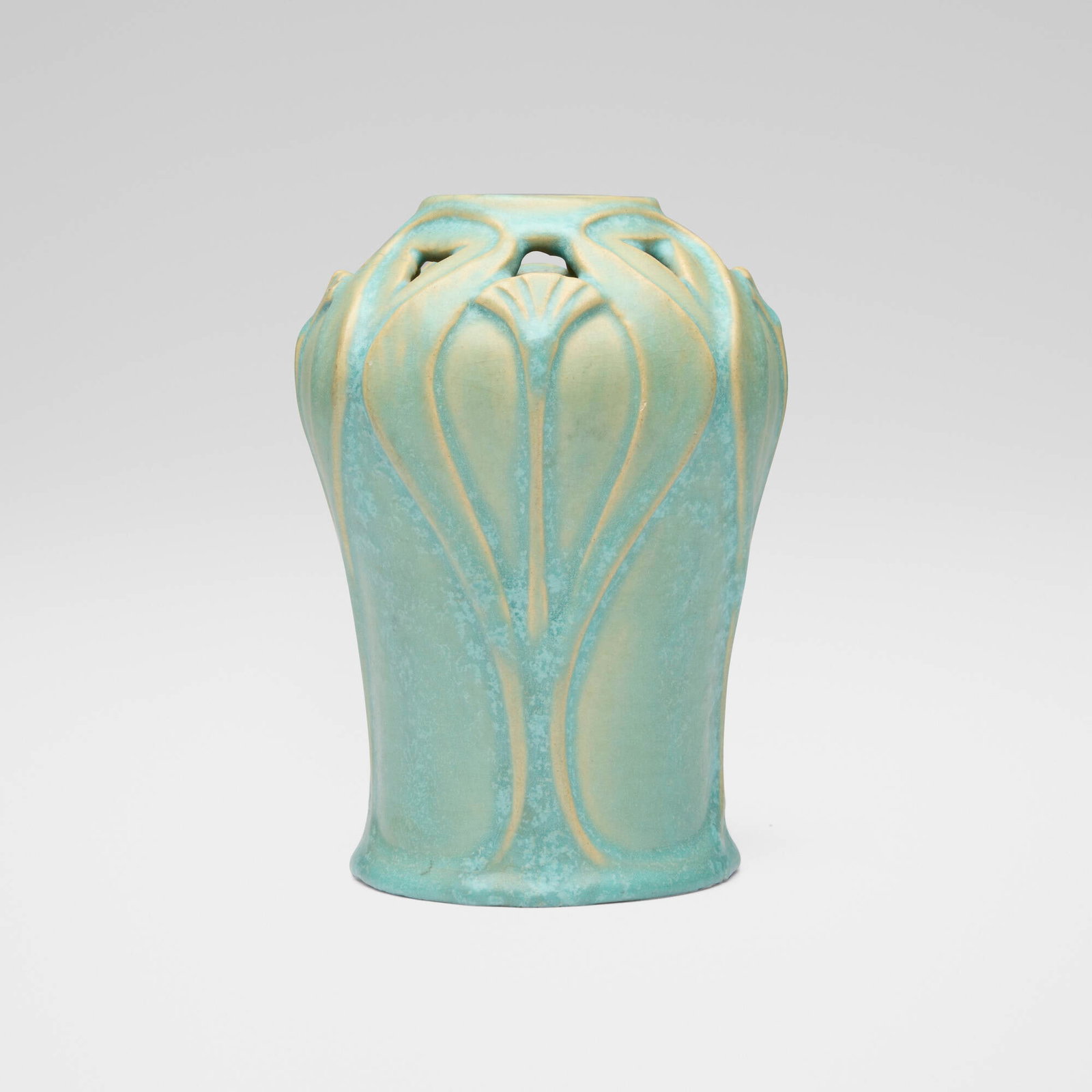 Van Briggle Pottery, Vase with papyrus: Van Briggle Pottery Vase with papyrus USA, 1907-1912 glazed earthenware 6.75 h x 5 dia in (17 x 13 cm) Incised manufacturer's mark and number to underside 'AA Van Briggle Colo. Spgs.
