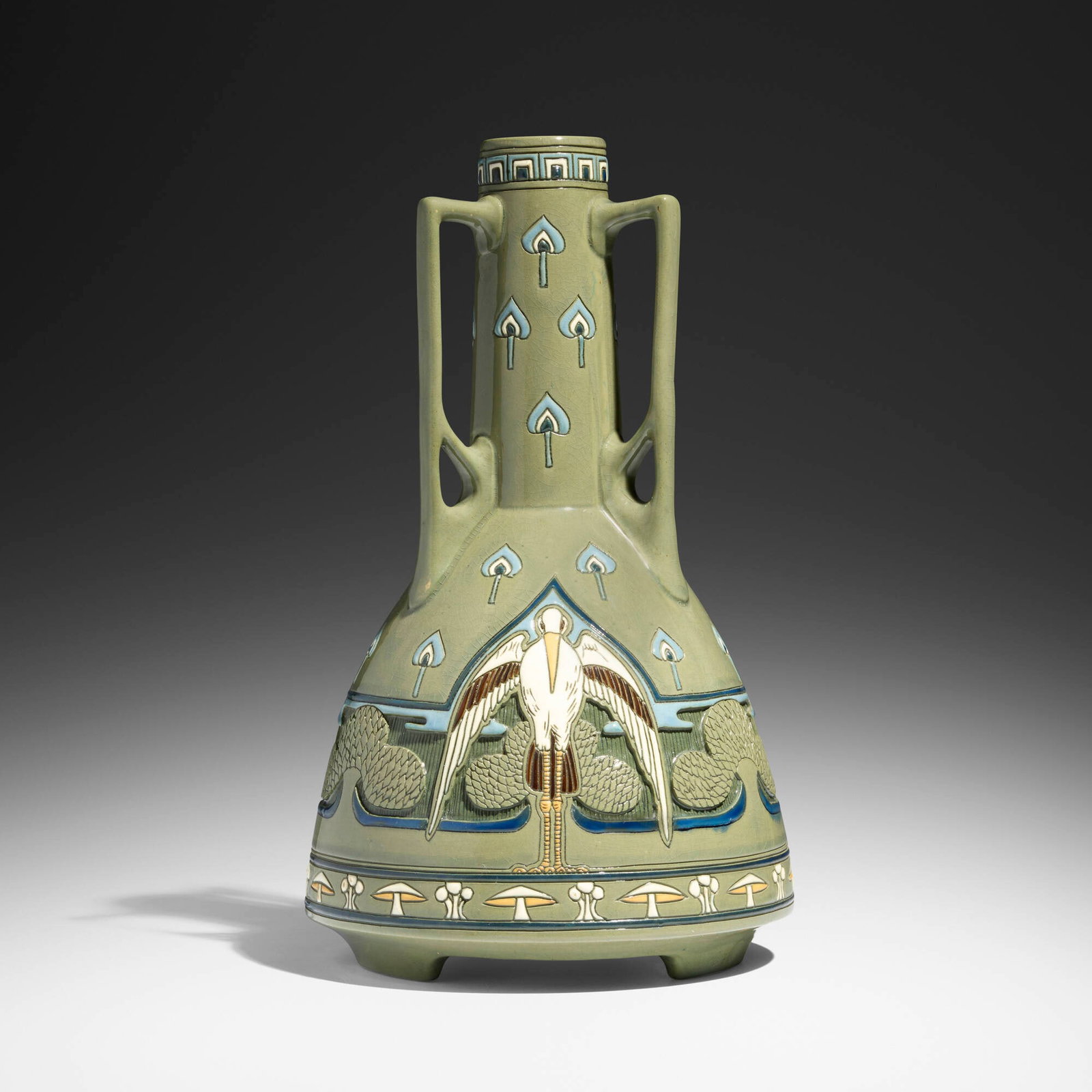 Frederick Hurten Rhead for Roseville Pottery, Rare and Large Della Robbia vase with storks (1 of 6)