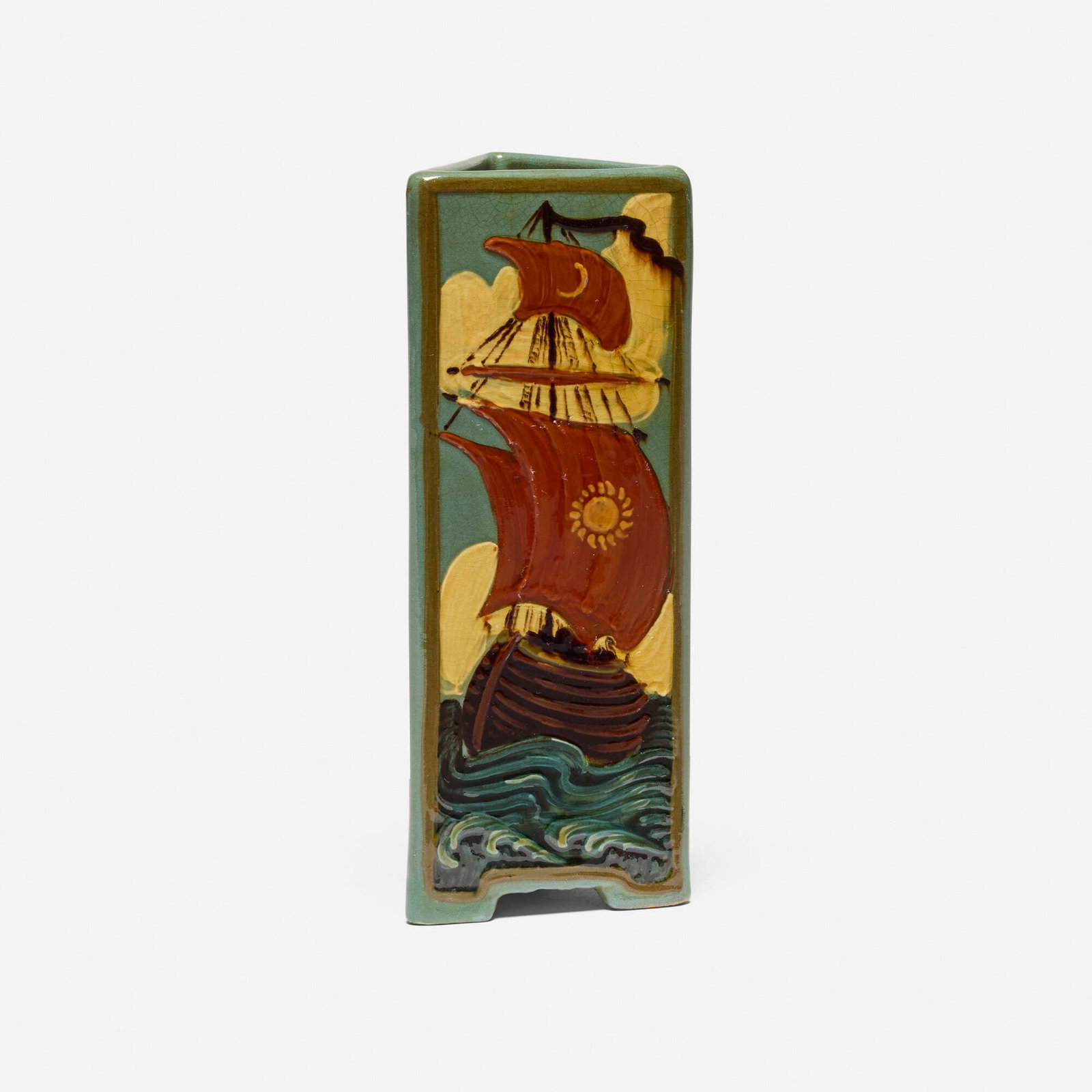 Roseville Pottery, Rare Aztec vase with Viking ships: Roseville Pottery Rare Aztec vase with Viking ships USA, 1904 glazed and squeezebag-decorated earthenware 8 h x 3.25 w x 2.75 d in (20 x 8 x 7 cm) Impressed number to underside '8'. <