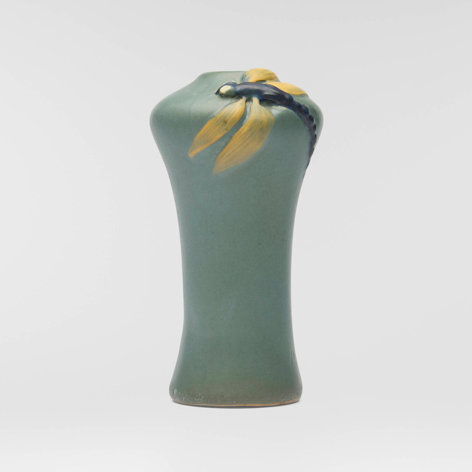Frederick Hurten Rhead for Weller Pottery, Rare vase with dragonfly: Frederick Hurten Rhead for Weller Pottery Rare vase with dragonfly USA, c. 1904 glazed earthenware 6.375 h x 3.375 w x 3.5 d in (16 x 9 x 9 cm) Illegible markings to underside with incised arti