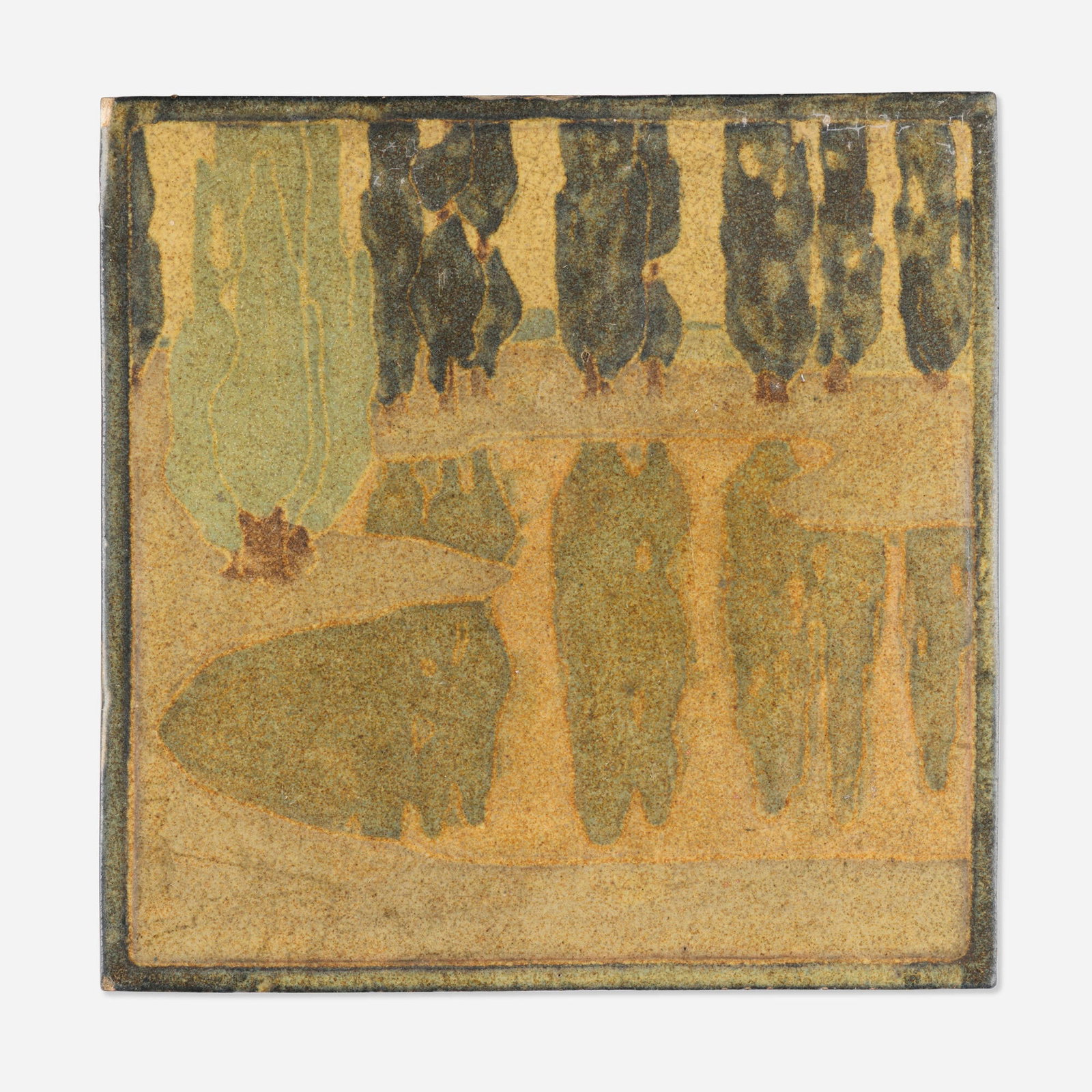 Arthur Eugene Baggs for Marblehead Pottery, Fine and Rare scenic tile: Arthur Eugene Baggs for Marblehead Pottery Fine and Rare scenic tile USA, c. 1908 glazed earthenware 1 h x 6.125 w x 6.125 d in (3 x 16 x 16 cm) Impressed manufacturer's mark to underside 'MP'