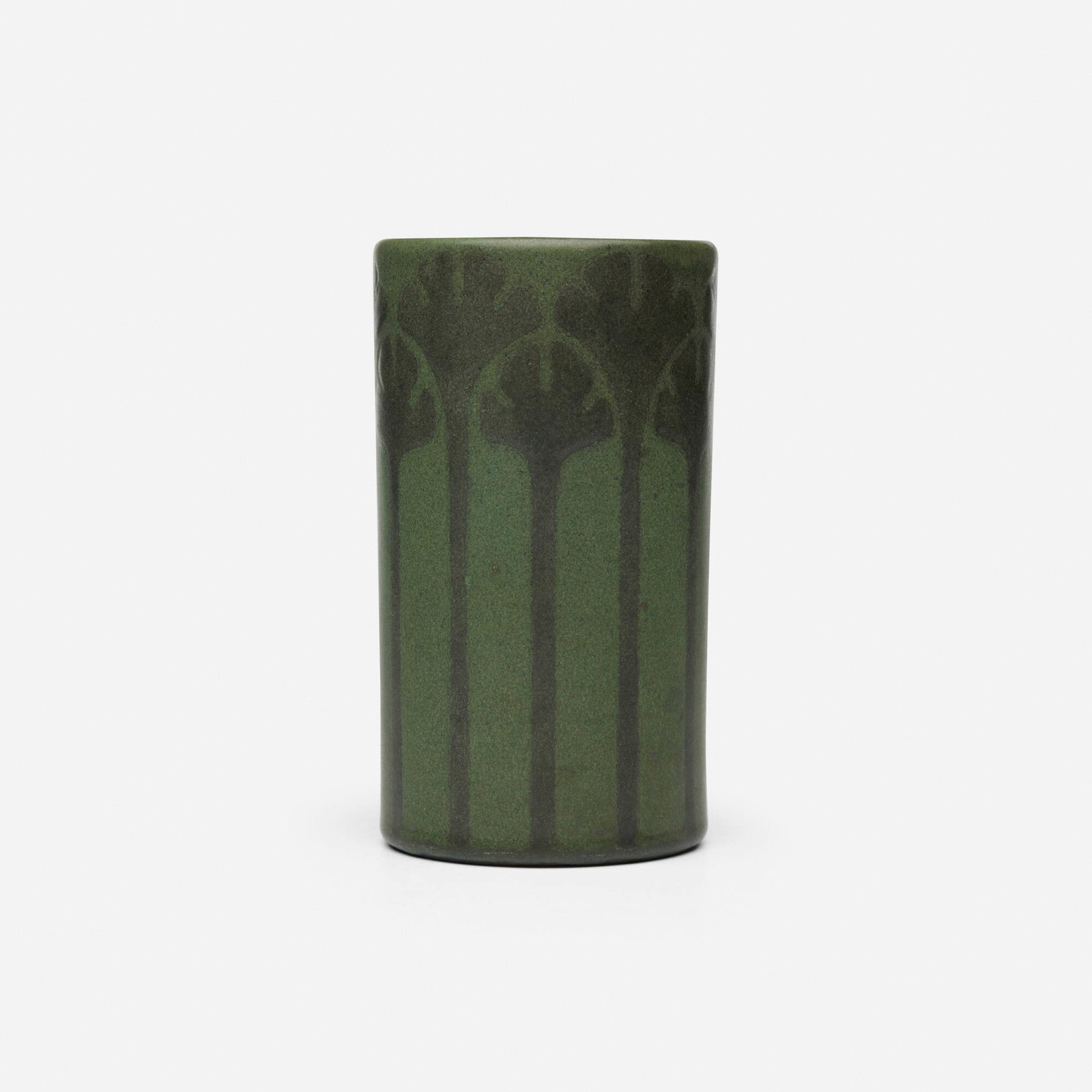 Maude Milner and Sarah Tutt for Marblehead Pottery, Vase with ginkgo leaves: Maude Milner and Sarah Tutt for Marblehead Pottery Vase with ginkgo leaves USA, 1908-20 glazed earthenware 6 h x 3.25 dia in (15 x 8 cm) Impressed manufacturer's mark to underside 'MP' with ship