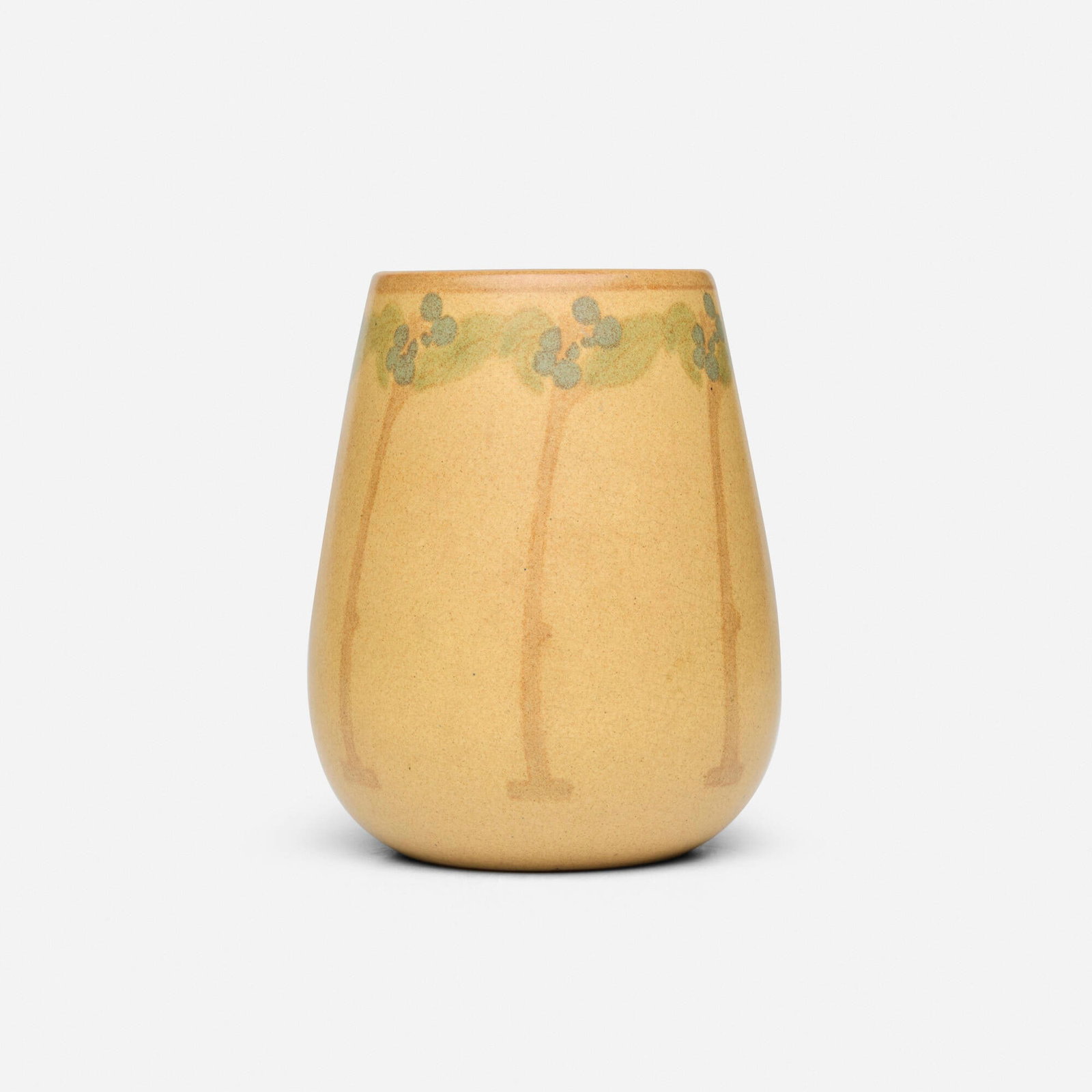 Marblehead Pottery, Vase with stylized fruiting branches: Marblehead Pottery Vase with stylized fruiting branches USA, 1908-20 glazed earthenware 4.75 h x 3.75 dia in (12 x 10 cm) Impressed manufacturer's mark to underside 'MP' with ship