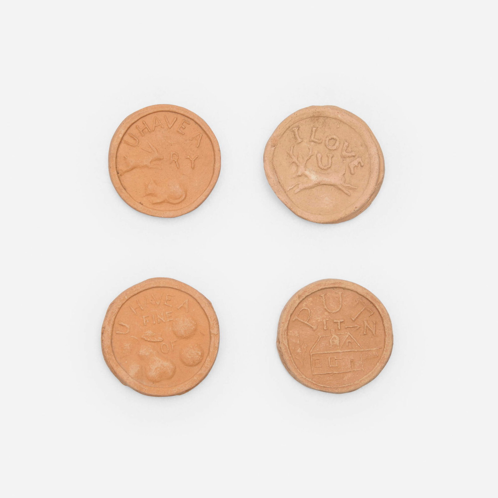 George E. Ohr, Collection of four brothel tokens: George E. Ohr Collection of four brothel tokens USA, c. 1900 bisque earthenware 1.25 dia in (3 cm) Provenance: Estate of Martin and Estelle Shack This work will ship from Lambertville, New Jersey.