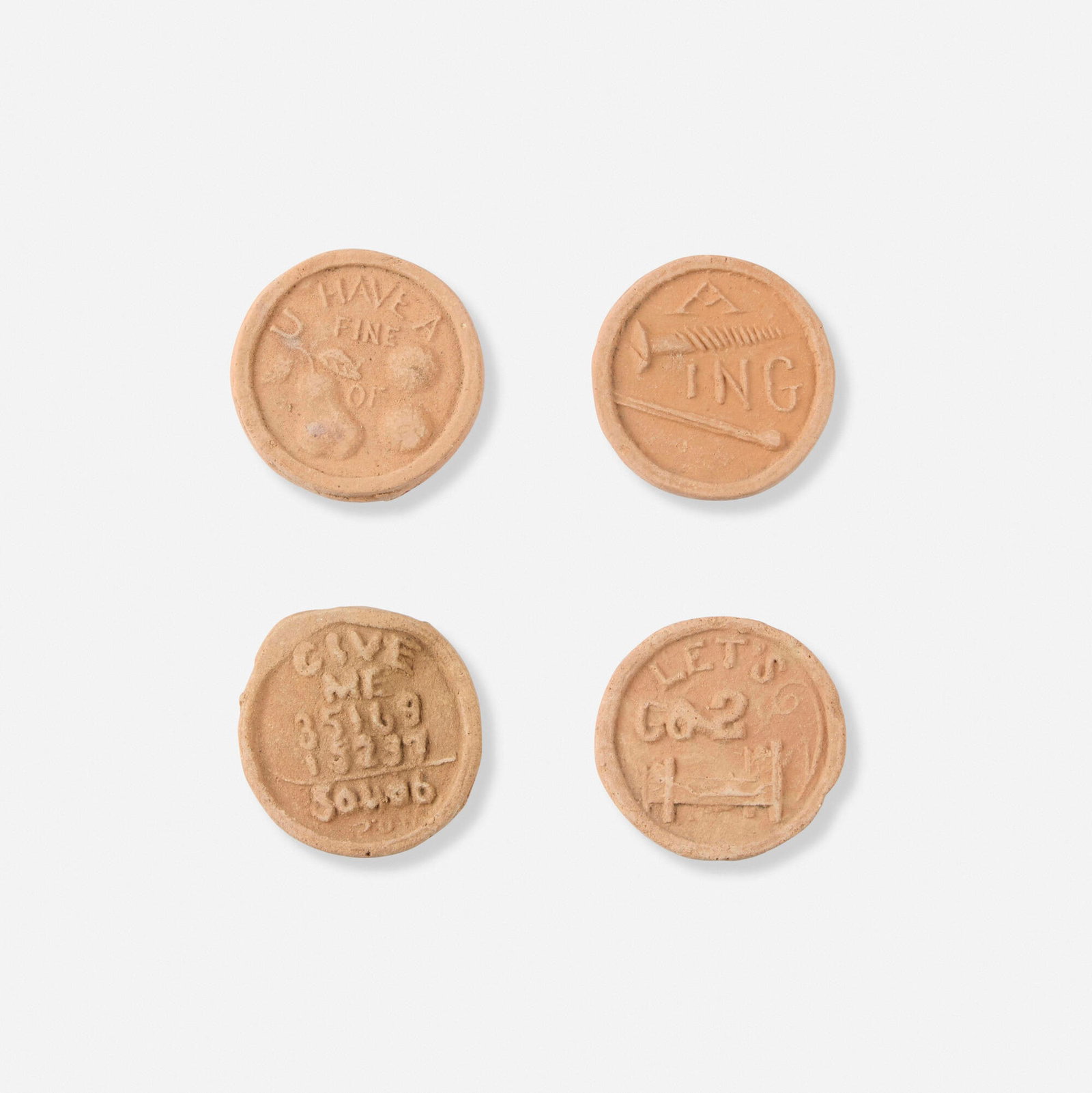 George E. Ohr, Collection of four brothel tokens: George E. Ohr Collection of four brothel tokens USA, c. 1900 bisque earthenware each: 1.25 dia in (3 cm) Provenance: Estate of Martin and Estelle Shack This work will ship from Lambertville, New