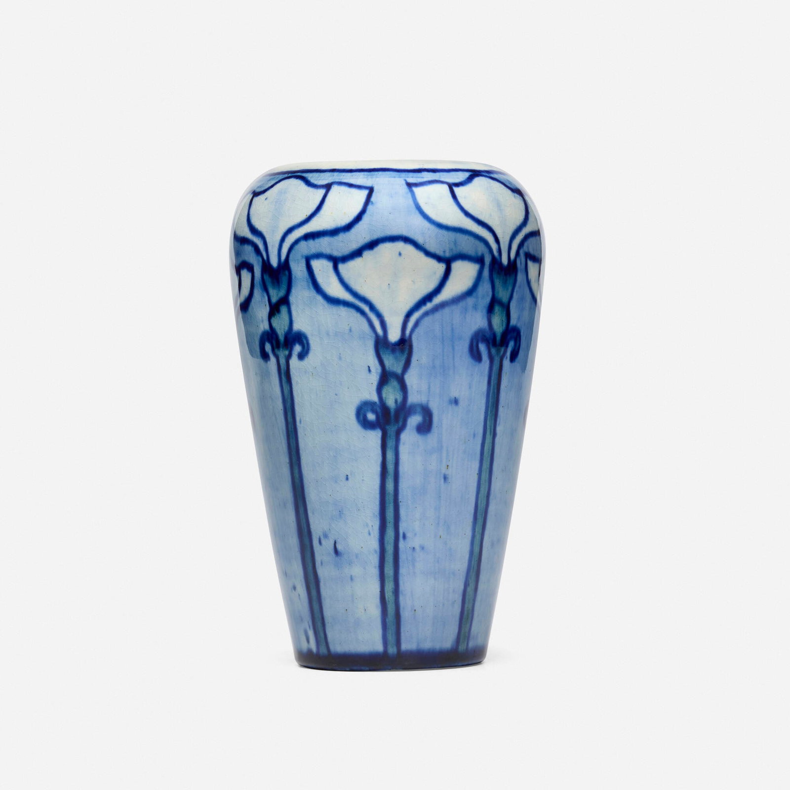 Browning Coleman for Newcomb College Pottery, Early vase with stylized morning glories: Browning Coleman for Newcomb College Pottery Early vase with stylized morning glories USA, 1903 glazed earthenware 6.75 h x 4.25 dia in (17 x 11 cm) Glazed and impressed manufacturer's mark to