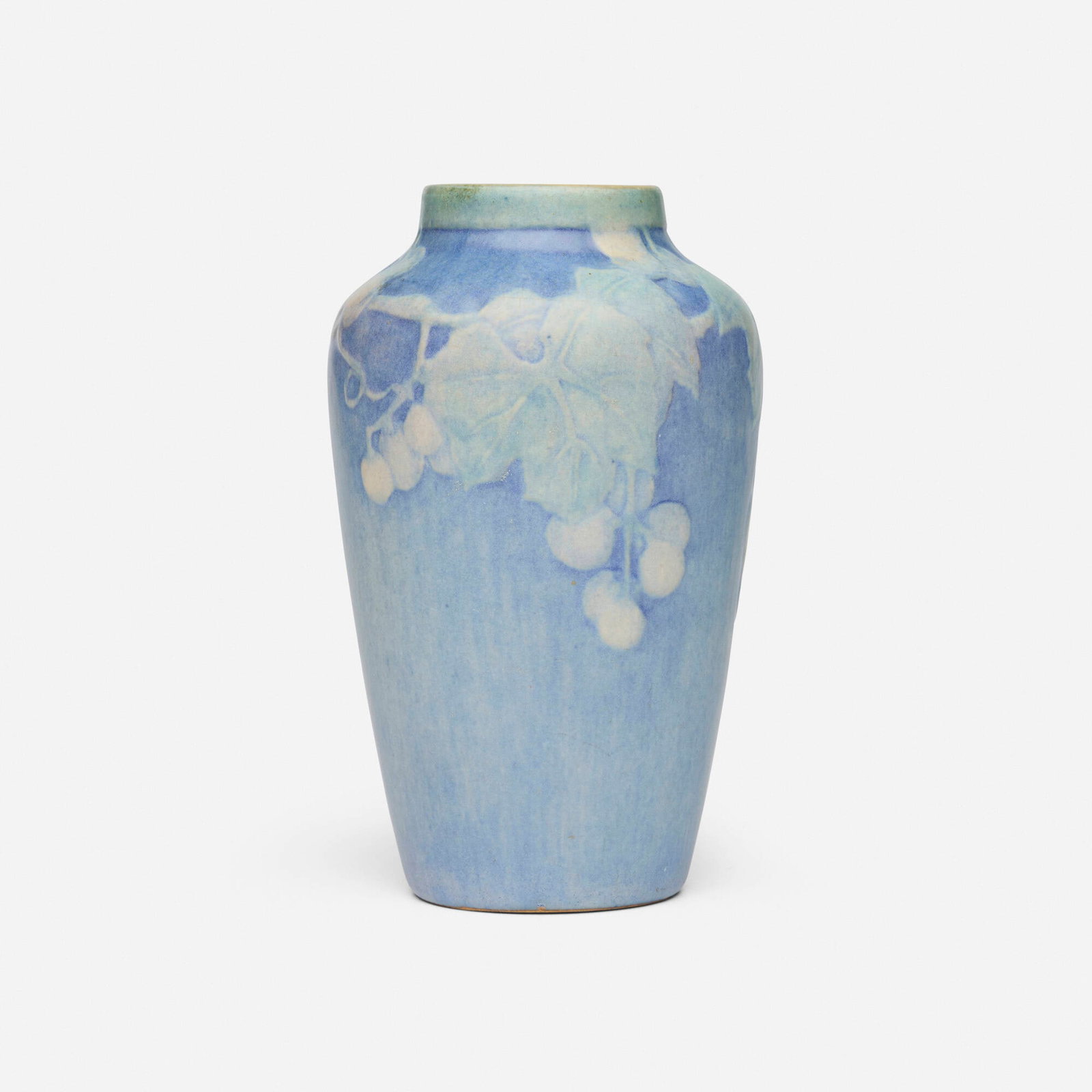 Sadie Irvine for Newcomb College Pottery, Vase with fruiting grapevines: Sadie Irvine for Newcomb College Pottery Vase with fruiting grapevines USA, 1919 glazed earthenware 7 h x 4.125 dia in (18 x 10 cm) Impressed manufacturer's mark, number, and date code to