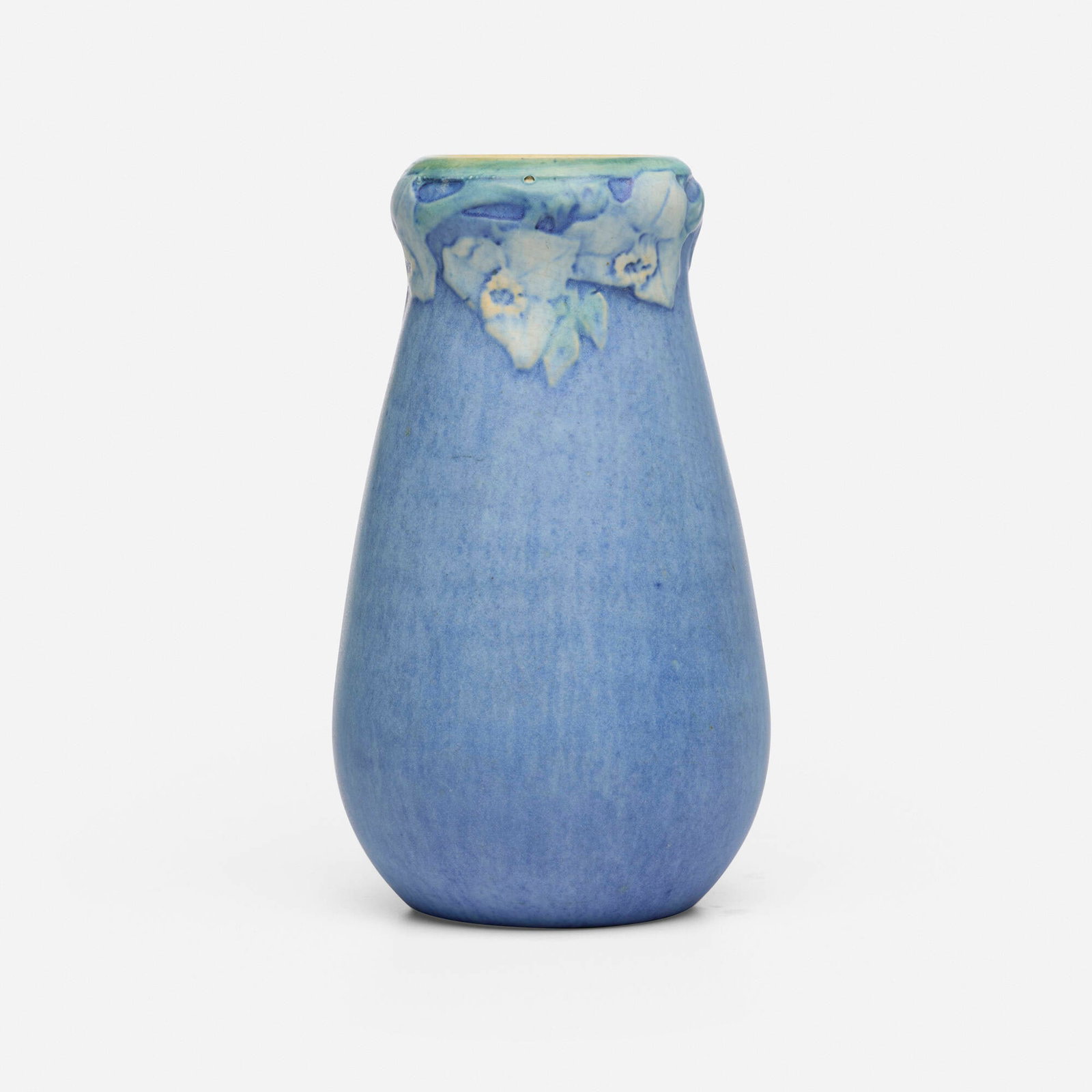 Sadie Irvine for Newcomb College Pottery, Vase with spiderwort: Sadie Irvine for Newcomb College Pottery Vase with spiderwort USA, 1921 glazed earthenware 6.125 h x 3.625 dia in (16 x 9 cm) Impressed manufacturer's mark, number and date code to underside 'NC