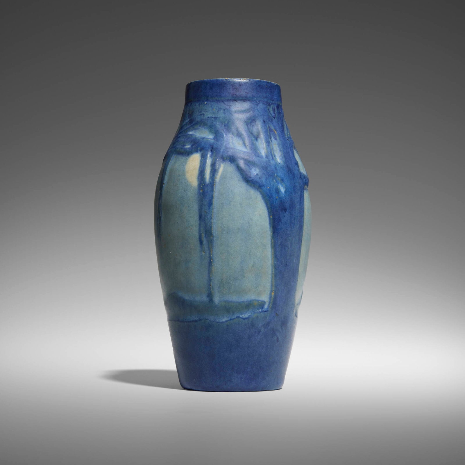 Anna Frances Simpson for Newcomb, Scenic vase with large oak, Spanish moss and full moon: Anna Frances Simpson for Newcomb College Pottery Scenic vase with large oak, Spanish moss and full moon USA, 1930 glazed earthenware 5.5 h x 3.25 dia in (14 x 8 cm) Impressed manufacturer's