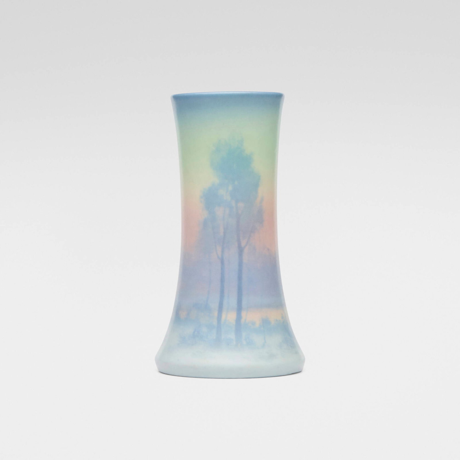 Sallie Coyne for Rookwood Pottery, Winter twilight scenic Vellum vase: Sallie Coyne for Rookwood Pottery Winter twilight scenic Vellum vase USA, 1923 glazed porcelain 7.125 h x 3.875 dia in (18 x 10 cm) Impressed manufacturer's mark, date, number and glaze de