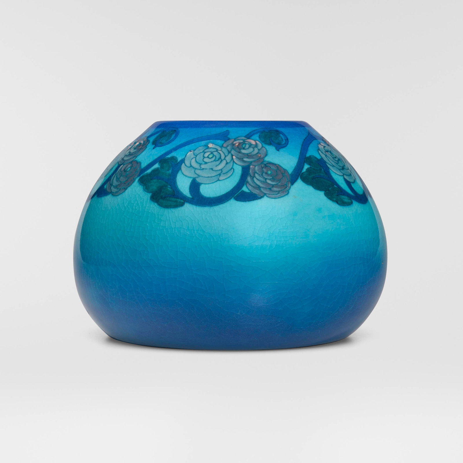 Lorinda Epply for Rookwood Pottery, Turquoise Blue vase with flowers: Lorinda Epply for Rookwood Pottery Turquoise Blue vase with flowers USA, 1917 glazed earthenware 5.25 h x 7.625 dia in (13 x 19 cm) Impressed manufacturer's mark, date and number to unders