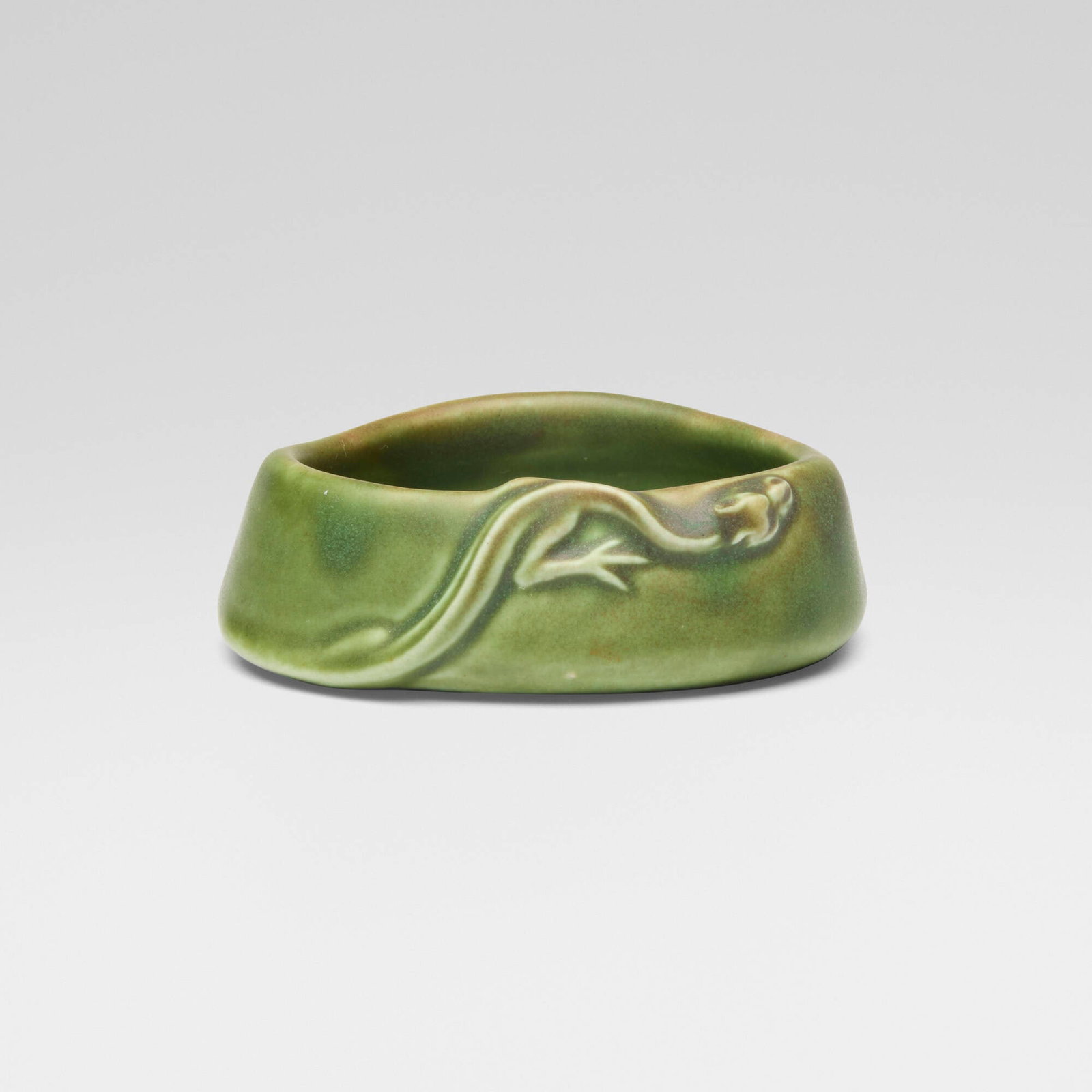 Kataro Shirayamadani for Rookwood Pottery, Z-line production bowl with lizard: Kataro Shirayamadani for Rookwood Pottery Z-line production bowl with lizard USA, 1904 glazed earthenware 1 h x 3.25 dia in (3 x 8 cm) Impressed manufacturer's mark, date and number to und