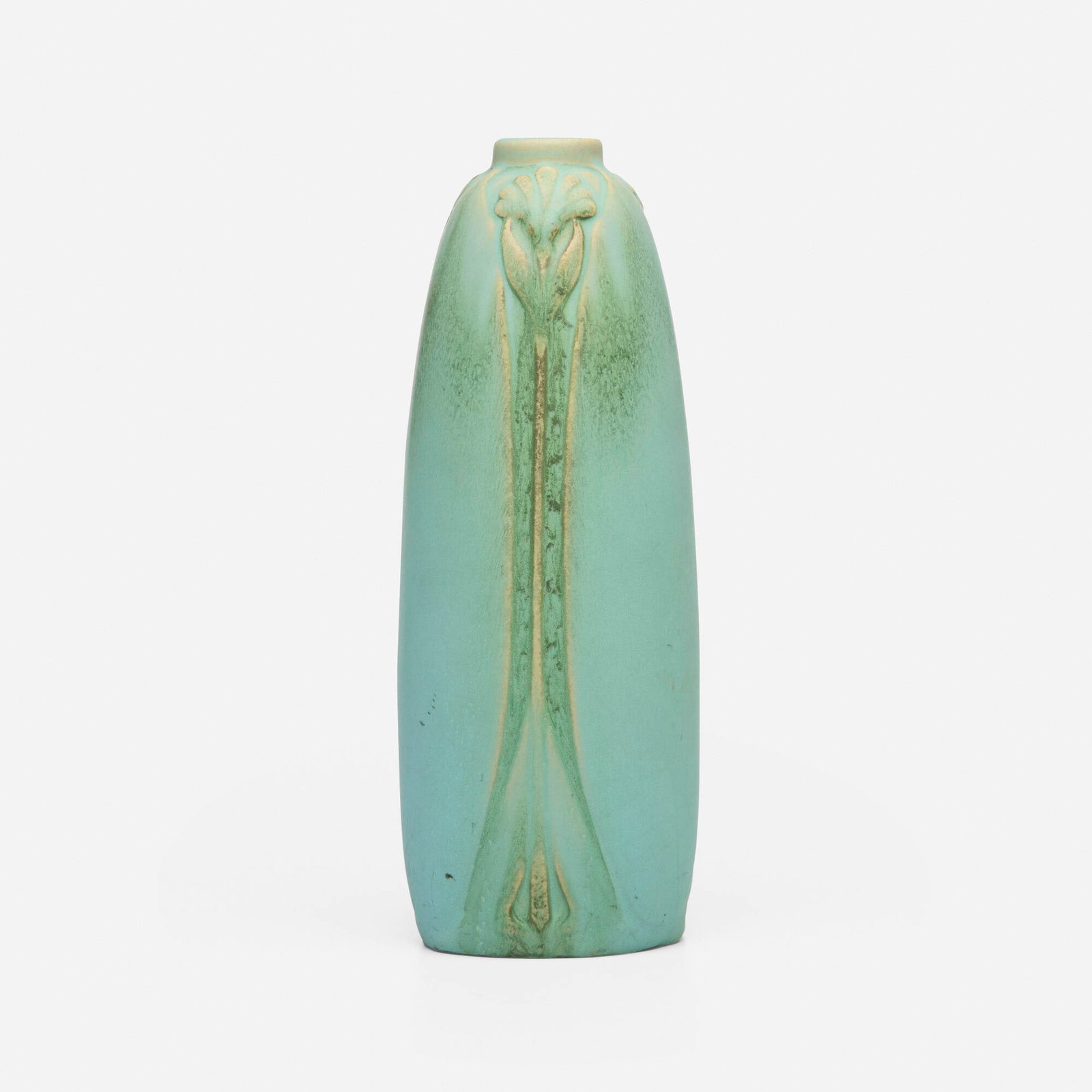 Van Briggle Pottery, Vase with stylized flowers: Van Briggle Pottery Vase with stylized flowers USA, 1907-1912 glazed earthenware 10 h x 3.75 dia in (25 x 10 cm) Incised manufacturer's mark and number to underside 'AA 7 Van Briggle