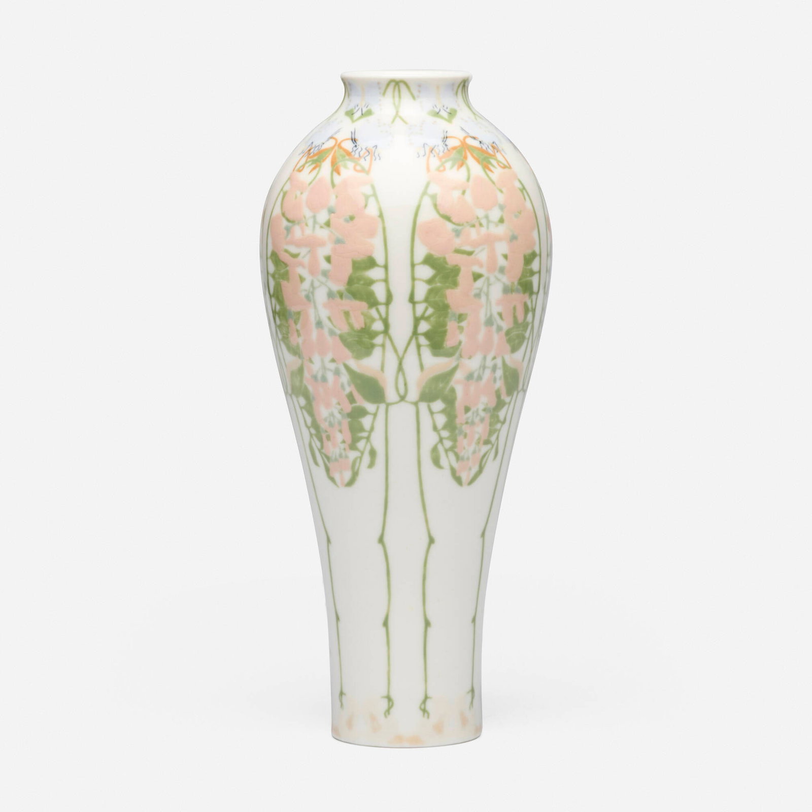 Manufacture Nationale de Sevres, Vase with butterflies and wisteria: Manufacture Nationale de Sevres Vase with butterflies and wisteria France, c. 1900 glazed porcelain 10.625 h x 4.625 dia in (27 x 12 cm) Incised signature, number, and inscription to underside