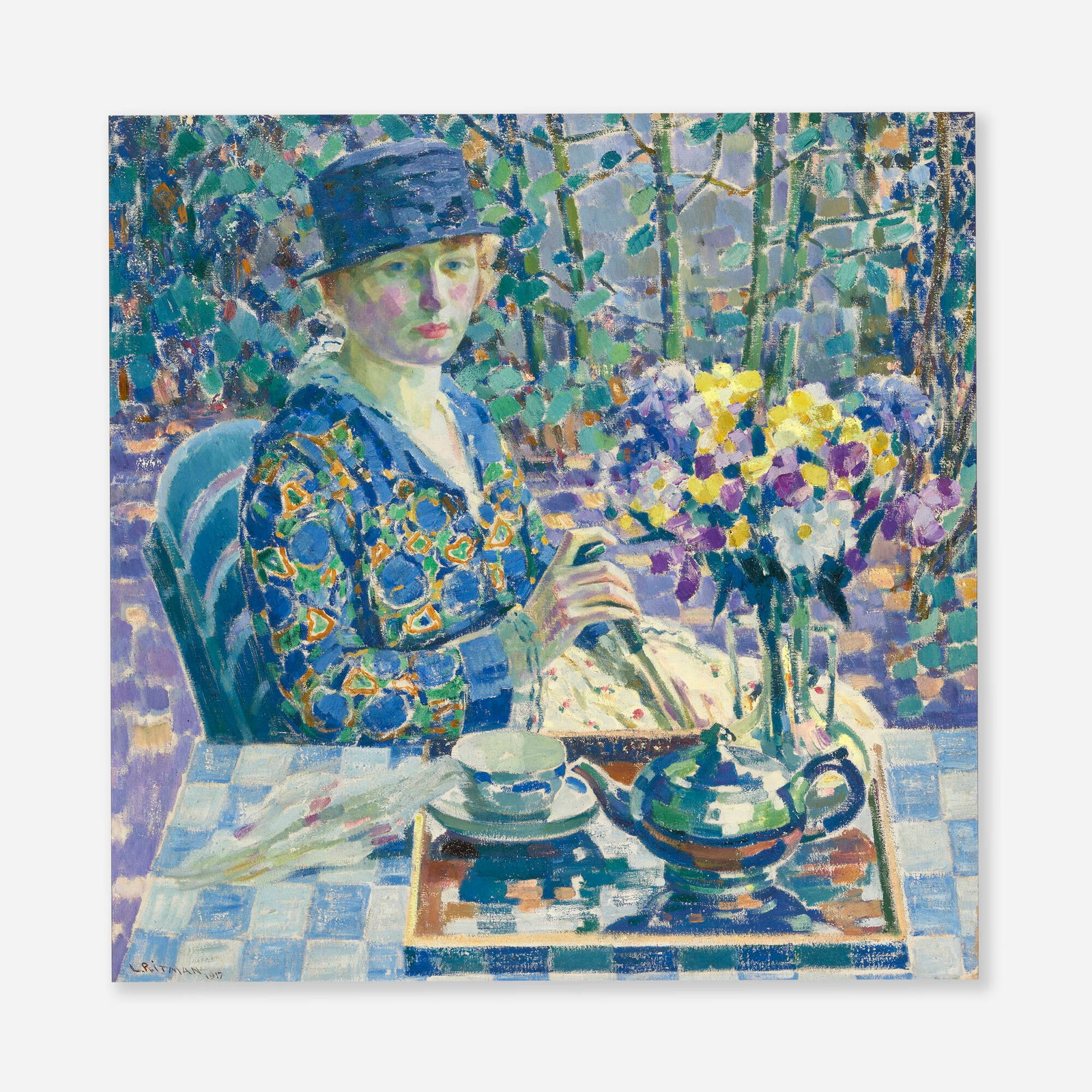Louis Ritman, Lady at Table: Louis Ritman Lady at Table 1917 oil on canvas 32.375 h x 32 w in (82 x 81 cm) Signed and dated to lower left 'L. Ritman 1917'. Provenance: Collection of Erna a