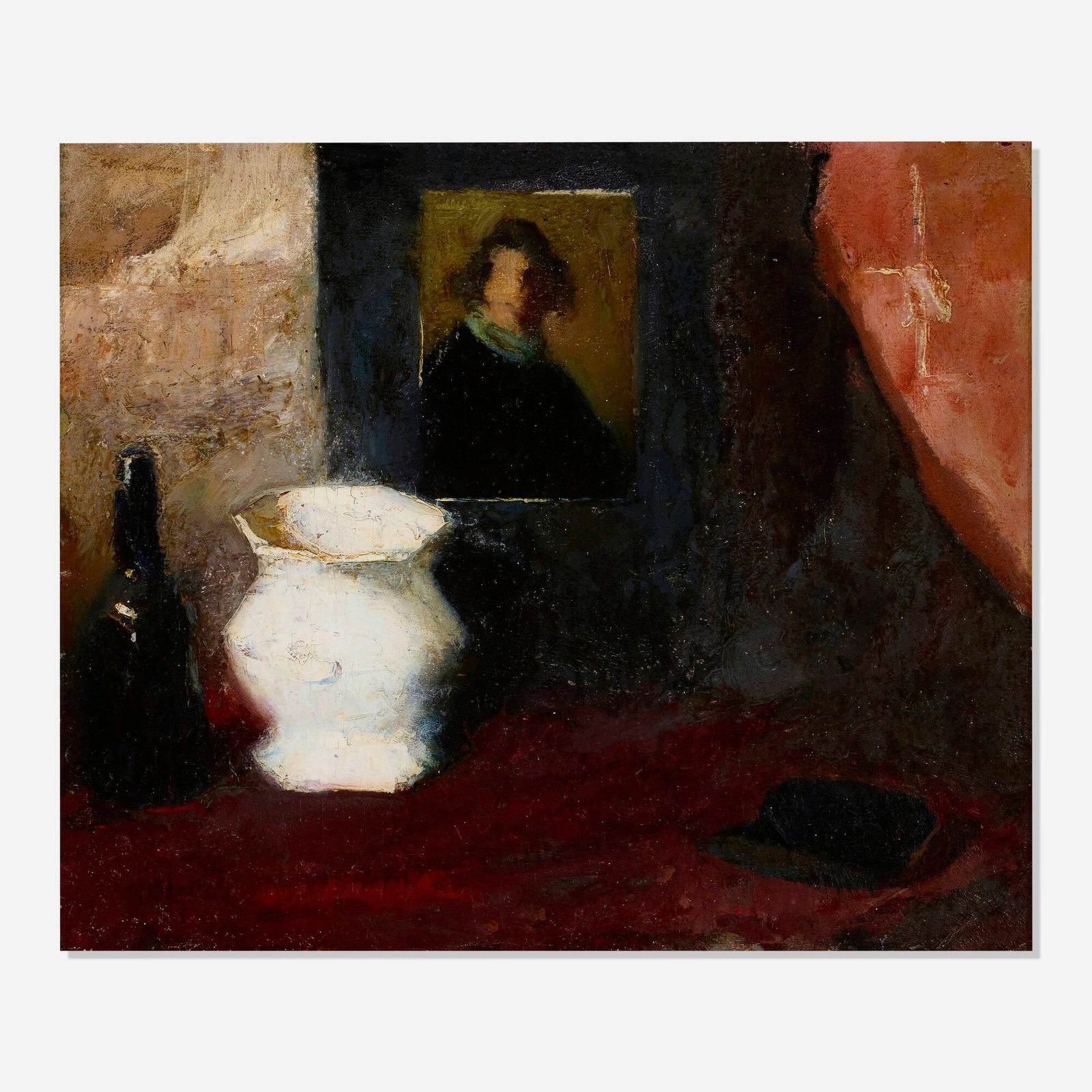 Charles Hawthorne, Still Life with Cavalier Portrait, White Pottery and Wine Bottle: Charles Hawthorne Still Life with Cavalier Portrait, White Pottery and Wine Bottle oil on canvas 30.75 h x 35.75 w in (78 x 91 cm) Signed to upper left 'C.W. Hawthorne'. This wor