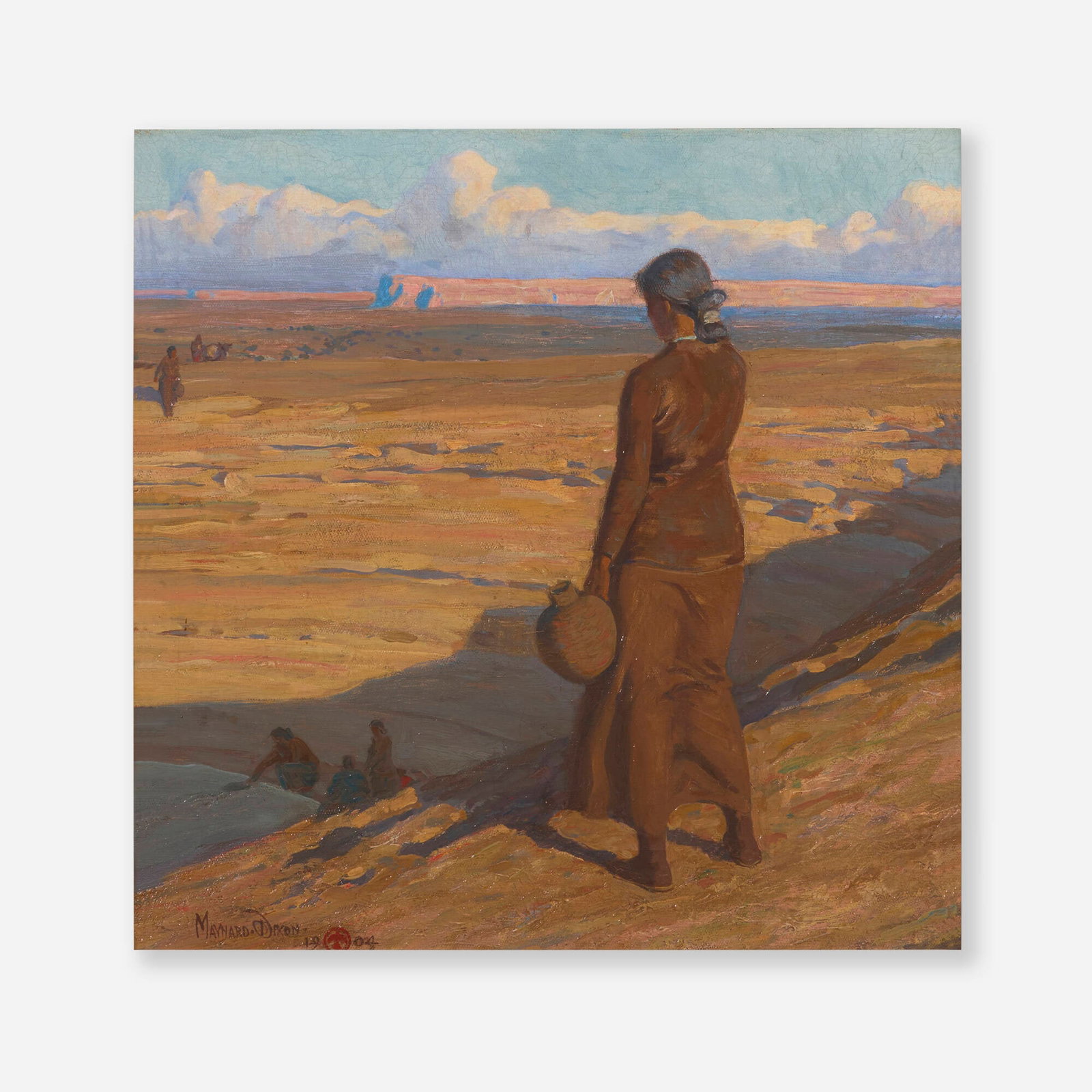 Maynard Dixon, Navajo Girl: Maynard Dixon Navajo Girl 1904 oil on canvas 18.125 h x 18.125 w in (46 x 46 cm) Signed and dated to lower left 'Maynard Dixon 1904' with artist's thunderbird monogram.