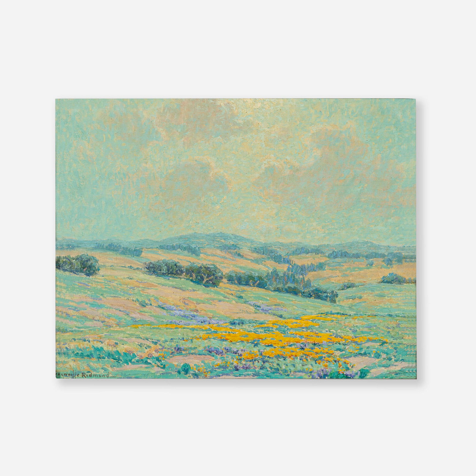 Granville Redmond, Rolling Hills with Poppies and Lupine: Granville Redmond Rolling Hills with Poppies and Lupine 1920 oil on canvas 11.25 h x 14 w in (29 x 36 cm) Signed to lower left 'Granville Redmond'. Signed and dated to verso 'Gra