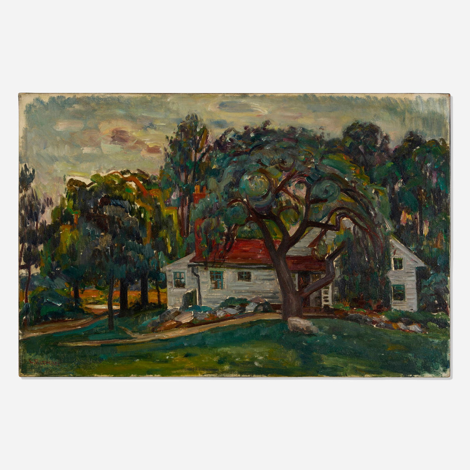 Louis Ritman, Country Home: Louis Ritman Country Home oil on canvas 21.25 h x 32 w in (54 x 81 cm) Signed to lower left 'L. Ritman'. Artist's estate stamp to verso. Provenance: R.H. Love