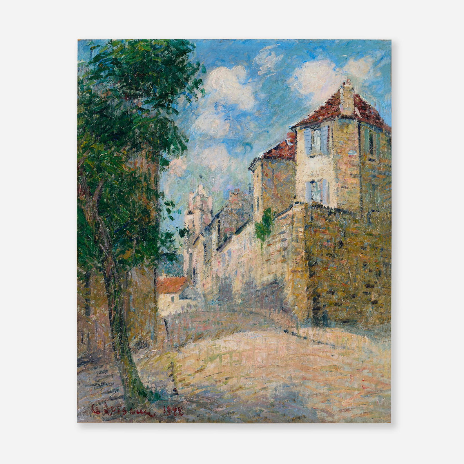 Gustave Loiseau, Rue Delacour a Pontoise: Gustave Loiseau Rue Delacour a Pontoise 1922 oil on canvas 24 h x 20 w in (61 x 51 cm) Signed and dated to lower left 'G Loiseau 1922'. Signed and titled to verso 'Rue Delacour G