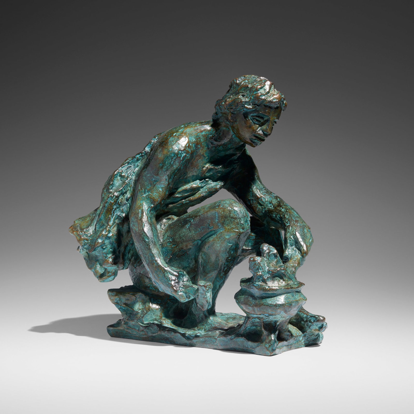 After Pierre-Auguste Renoir and Richard Guino, Le feu ou Le petit forgeron accroupi: After Pierre-Auguste Renoir and Richard Guino Le feu ou Le petit forgeron accroupi 1916-17 / 1983 patinated bronze 11 h x 11 w x 6.5 d in (28 x 28 x 17 cm) Molded signature, date, number, and f