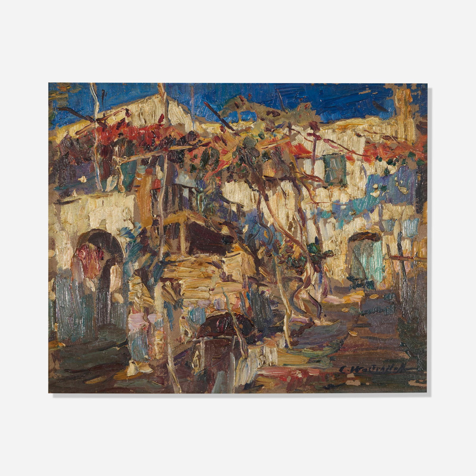 Constantin Aleksandrovich Westchiloff, Market Scene: Constantin Aleksandrovich Westchiloff Market Scene oil on canvas board 8.125 h x 9.75 w in (21 x 25 cm) Signed to lower right 'C. Westchiloff'. This work will ship from
