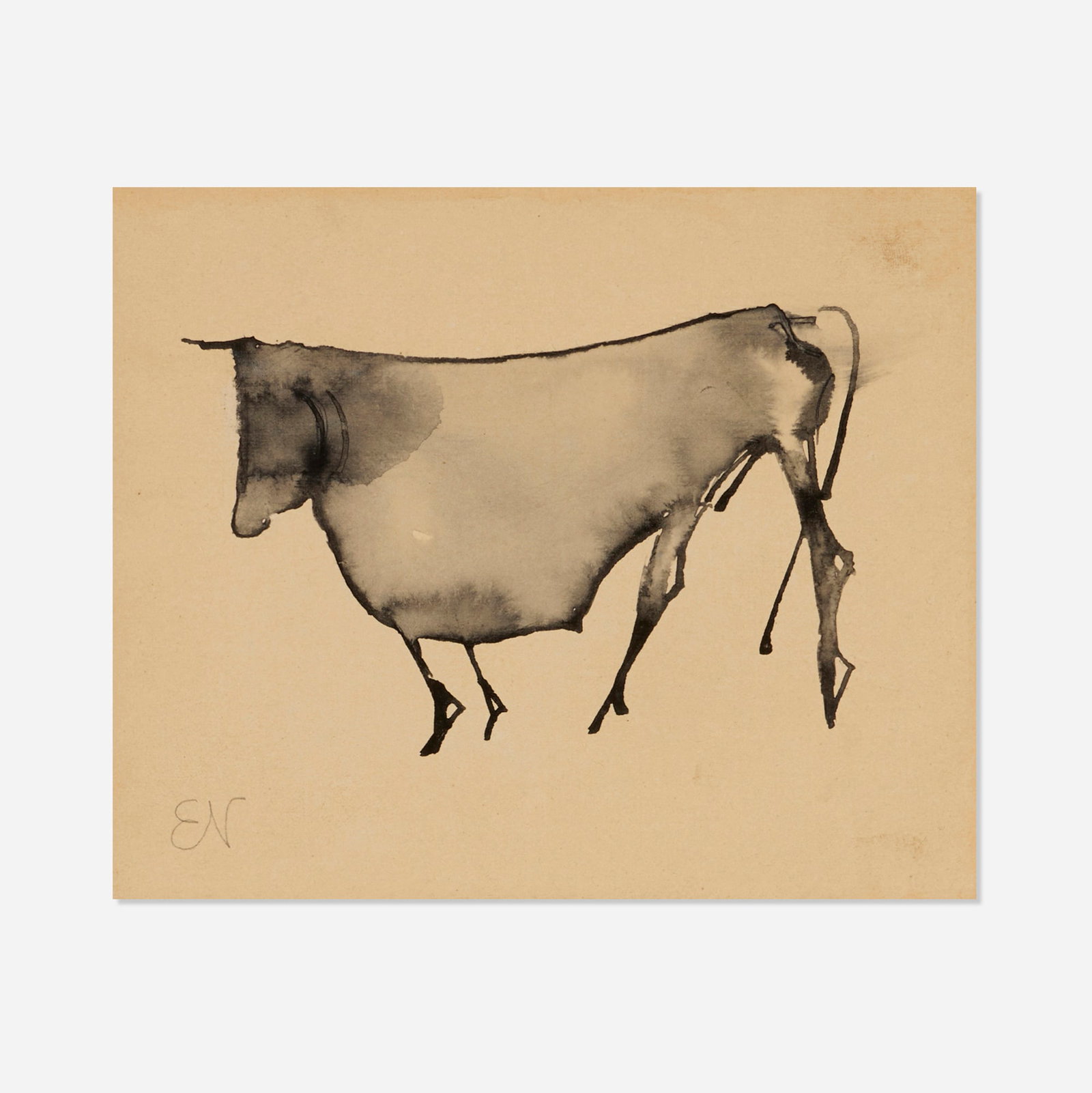 Elie Nadelman, Bull: Elie Nadelman Bull c. 1915 ink on paper mounted to board 5 h x 6 w in (13 x 15 cm) Signed to lower left 'EN'. Provenance: Estate of Lincoln Kirstein | Keith de
