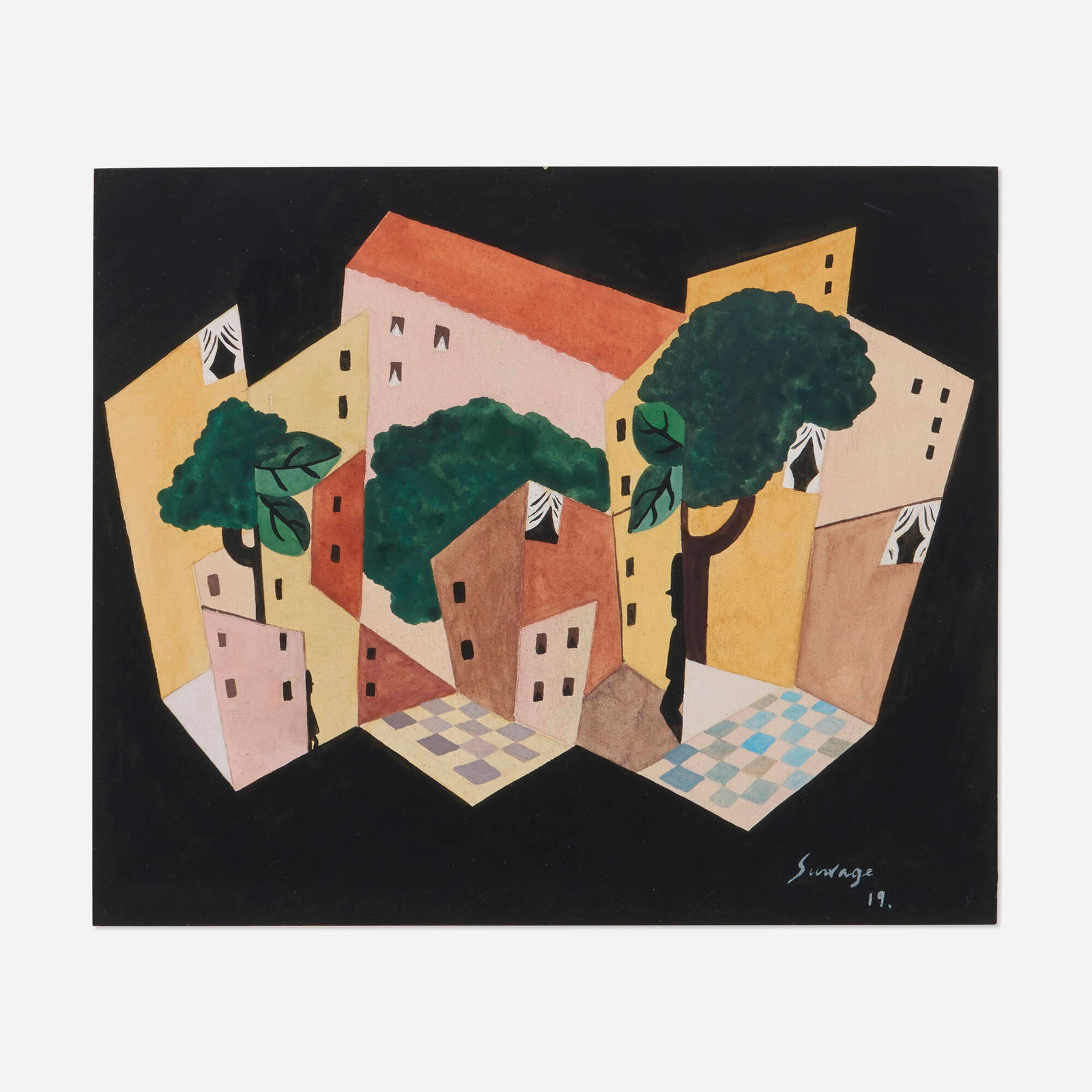 Leopold Survage, Ville sur fond noir: Leopold Survage Ville sur fond noir 1919 gouache on paper sight: 7 h x 8.375 w in (18 x 21 cm) Signed and dated to lower right 'Survage 19'. This work will ship from Lambert