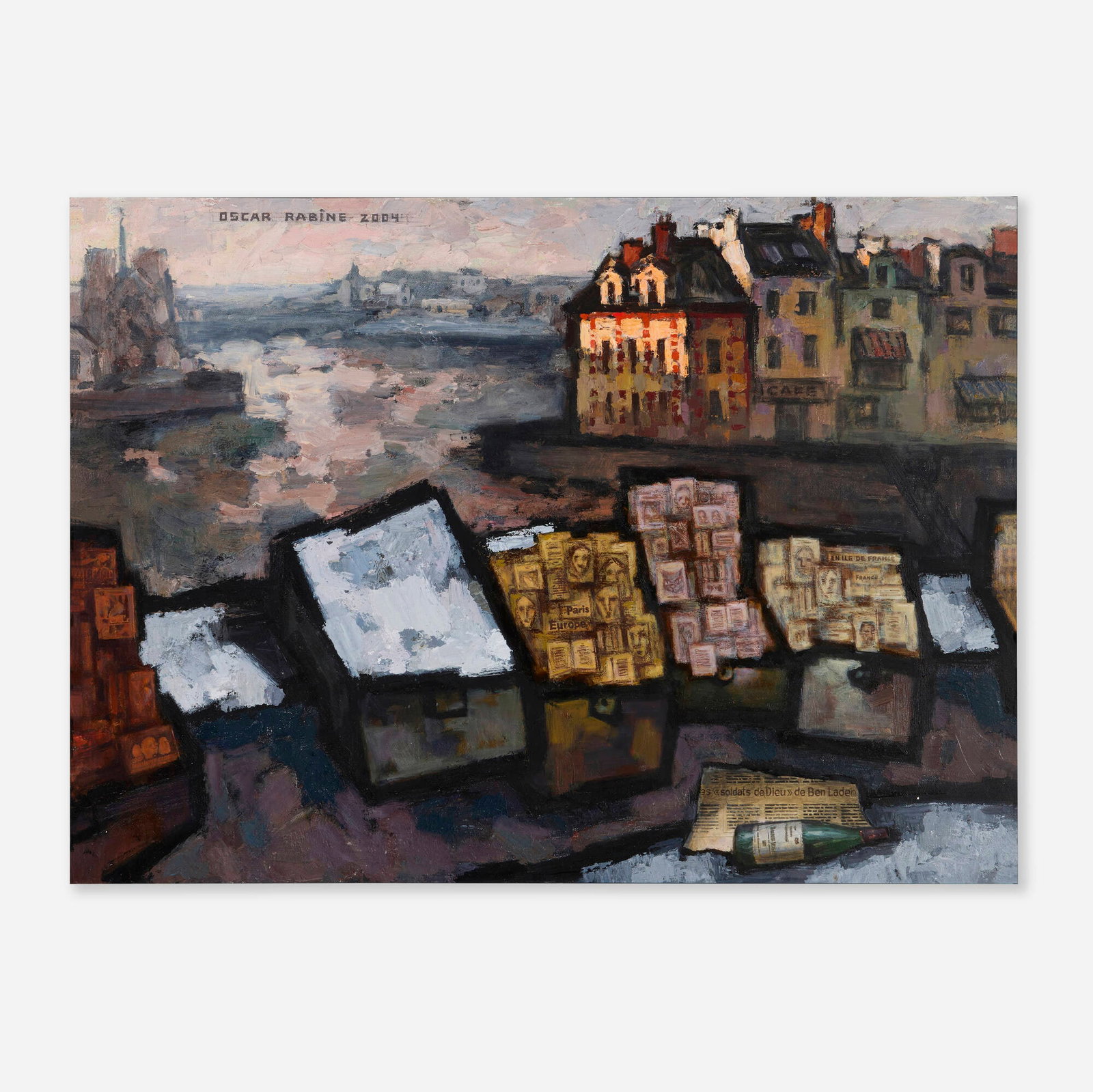 Oskar Rabine, Booksellers, Sunset on the Siene: Oskar Rabine Booksellers, Sunset on the Siene 2004 newsprint and oil on canvas 30 h x 40 w in (76 x 102 cm) Signed and dated to upper edge 'Oscar Rabine 2004'. Titled in Cyrillic, dat